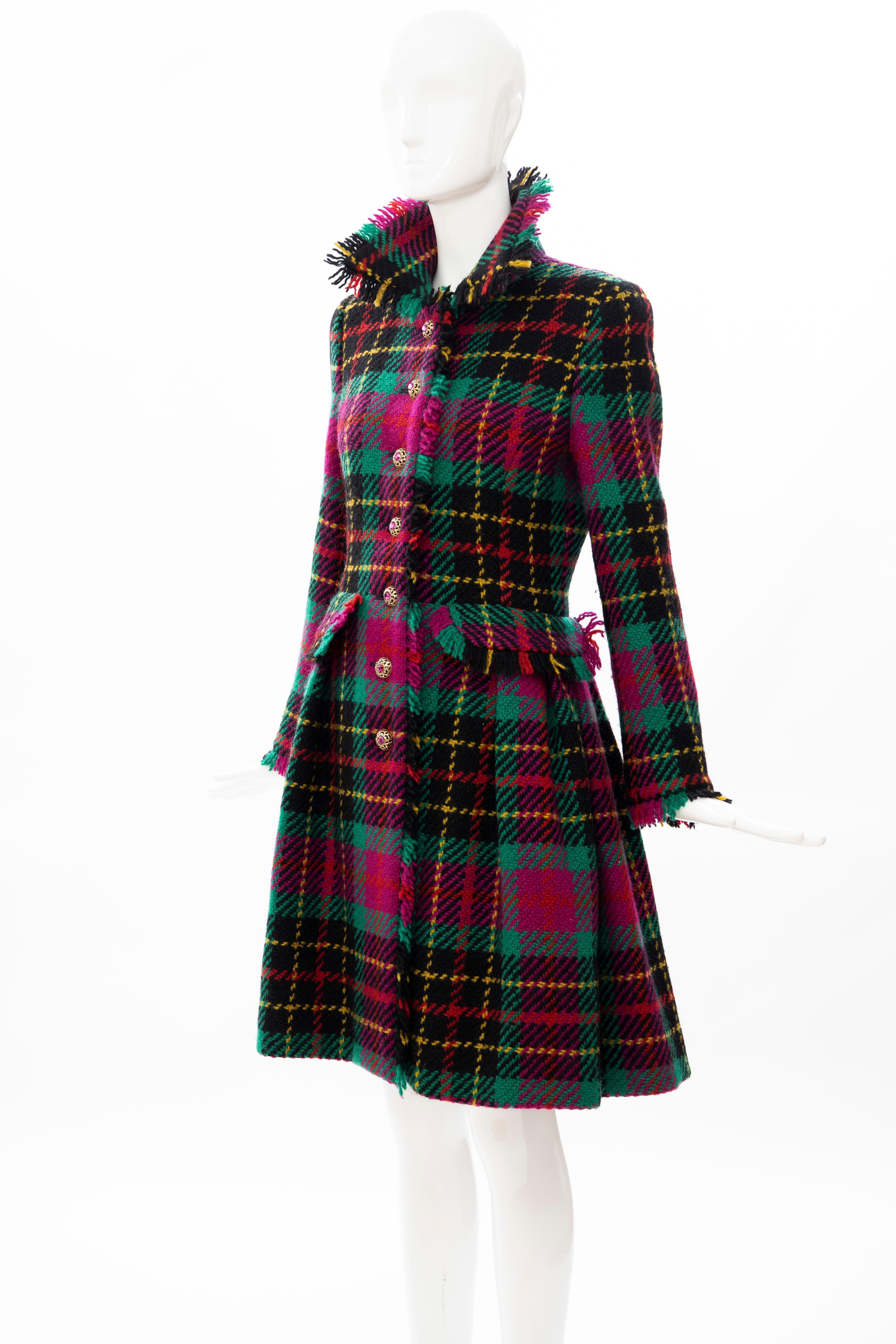 Oscar de La Renta Runway Tartan Plaid Crystal Button Front Coat, Fall 1991 For Sale 6