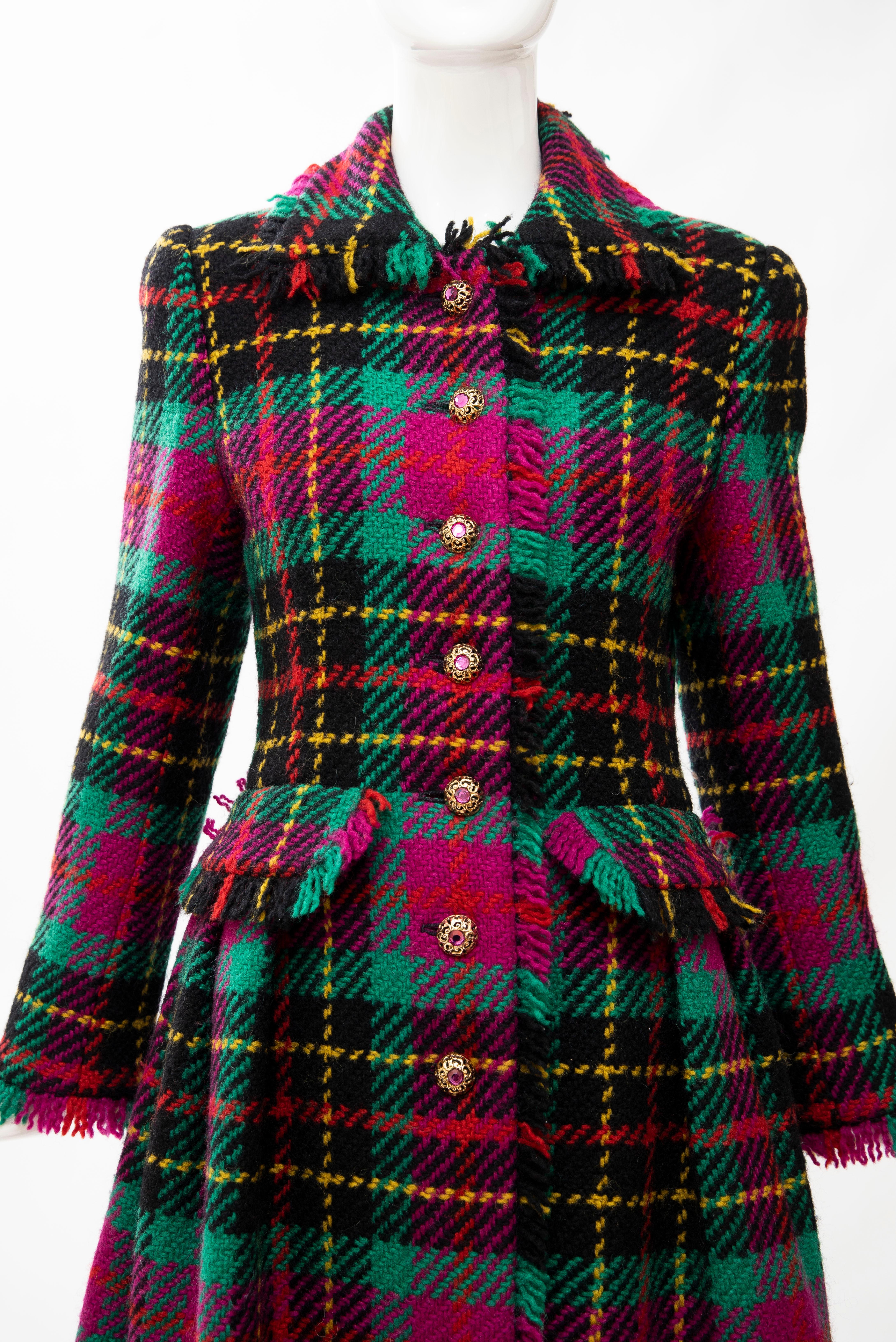 Oscar de La Renta Runway Tartan Plaid Crystal Button Front Coat, Fall 1991 For Sale 7
