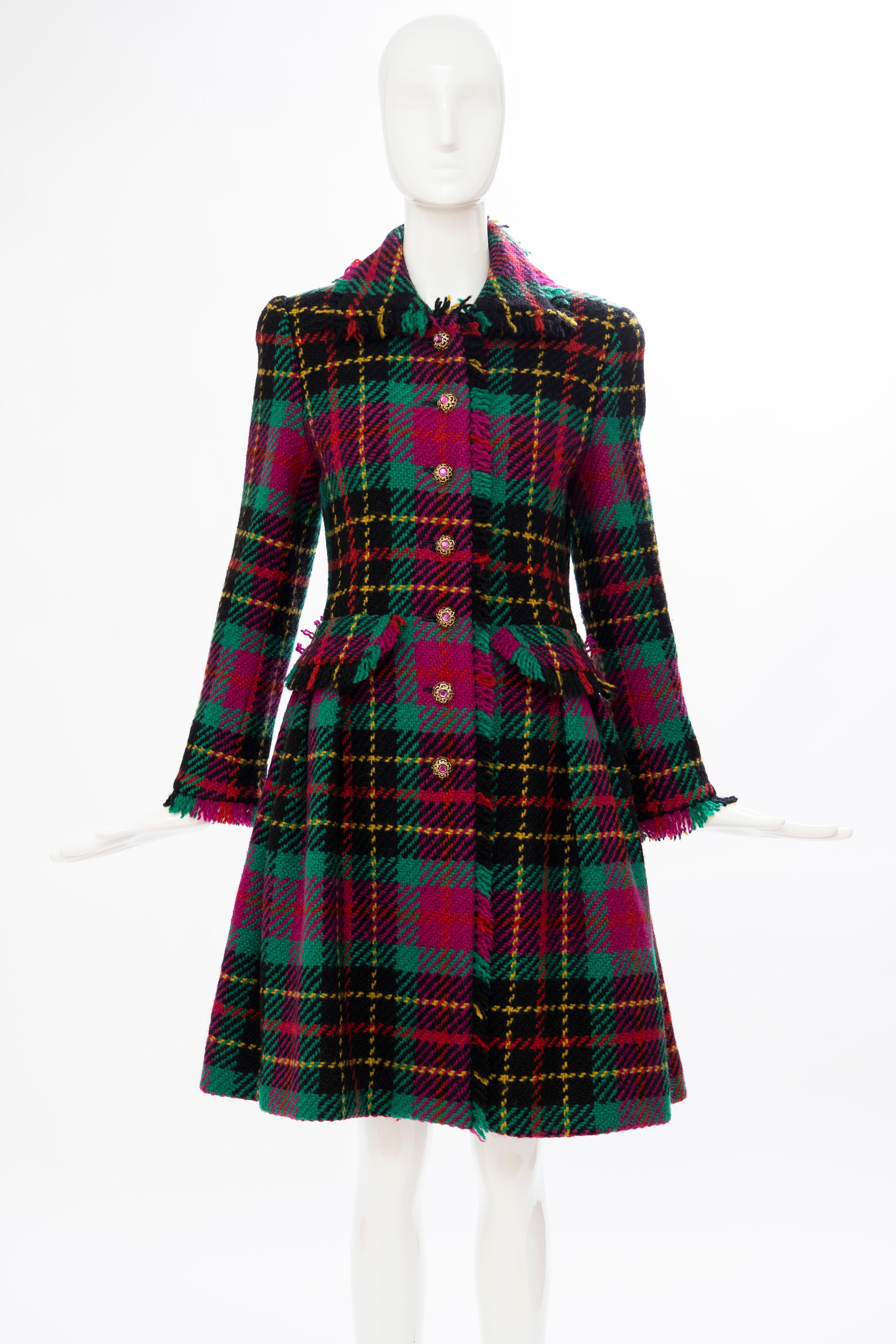Oscar de La Renta Runway Tartan Plaid Crystal Button Front Coat, Fall 1991 For Sale 8