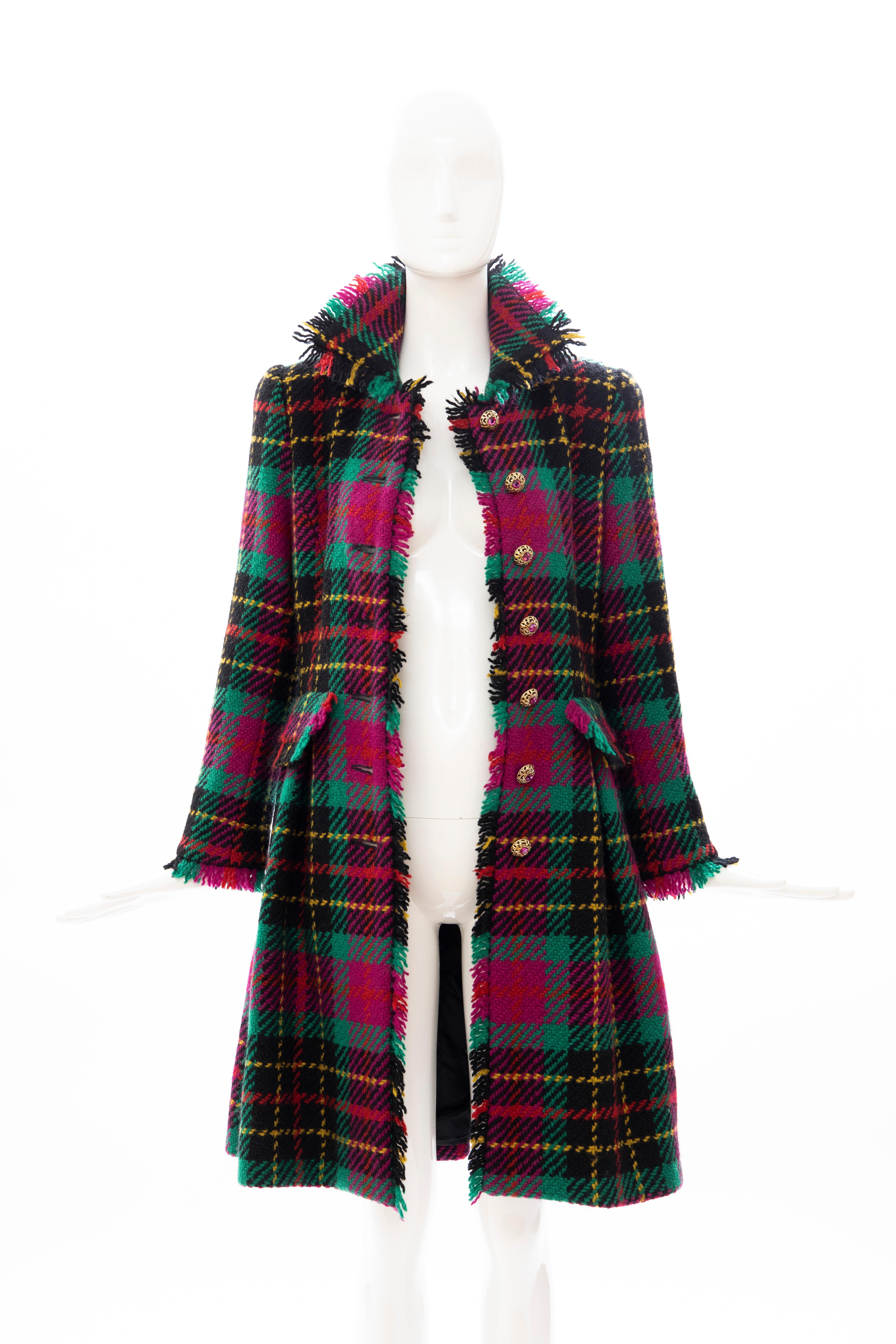 Oscar de La Renta Runway Tartan Plaid Crystal Button Front Coat, Fall 1991 For Sale 9