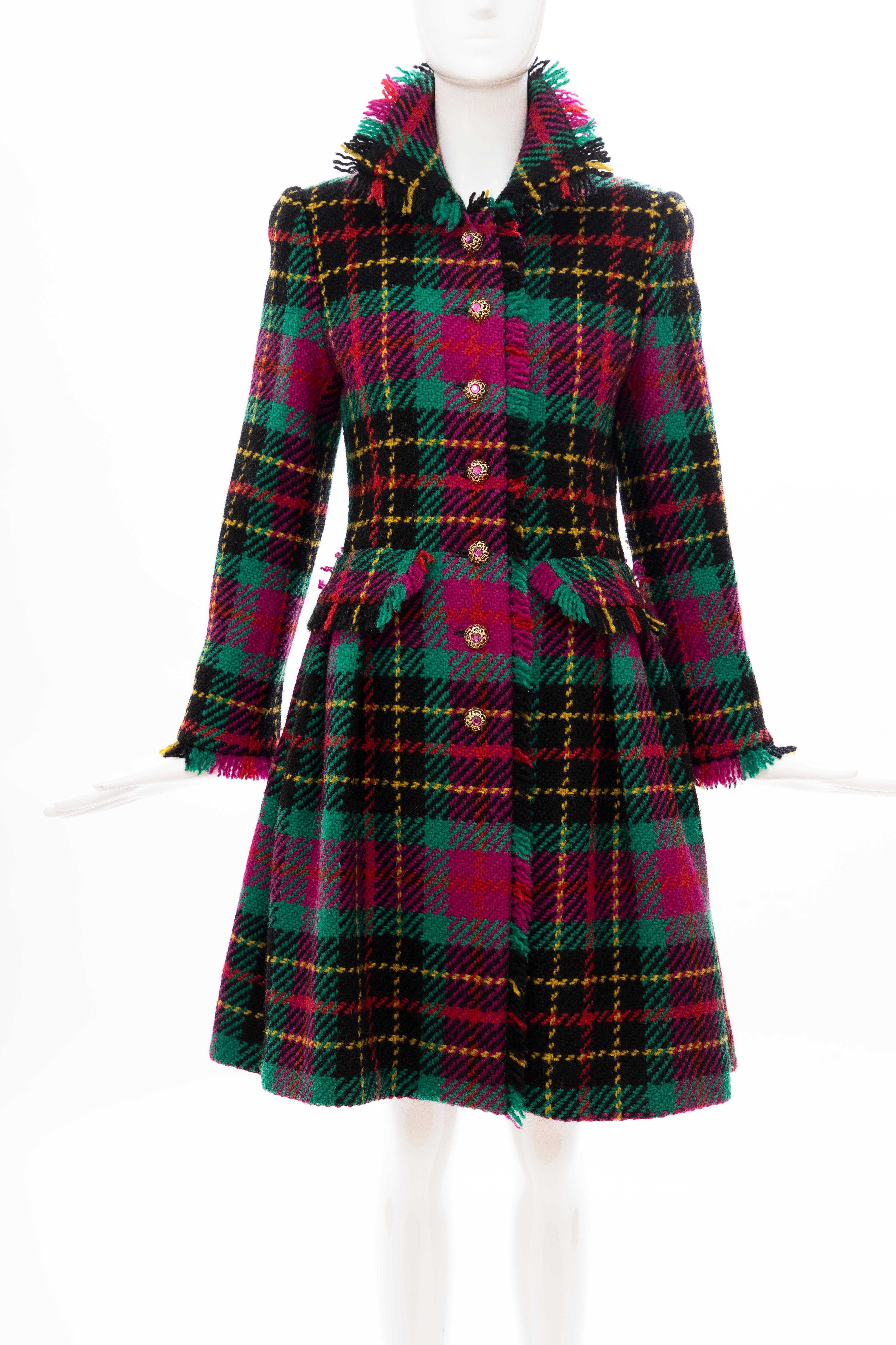Oscar de La Renta, Runway Fall 1991 tartan plaid coat with crystal button front closure, two front pockets, fringe trim and fully lined in black silk.

Documented: Vogue - The Editor's Eye - Abrams New York, 2012
Grace - Thirty Years of Fashion at