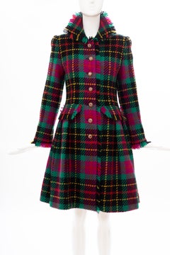 Oscar de La Renta Runway Tartan Plaid Crystal Button Front Coat, Fall 1991