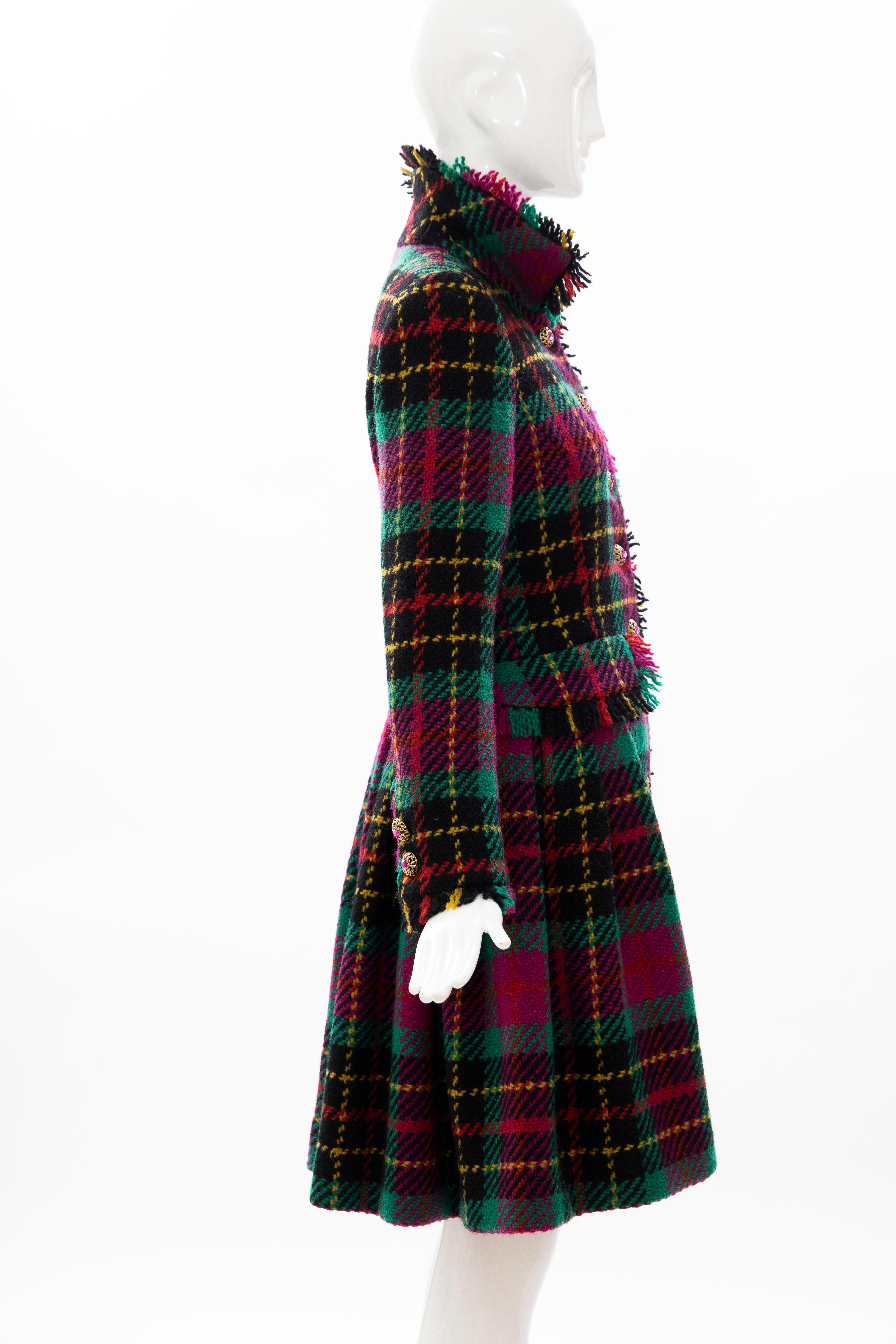 Black Oscar de La Renta Runway Tartan Plaid Crystal Button Front Coat, Fall 1991 For Sale