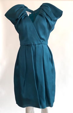 Oscar de la Renta Runway Teal Green Blue Silk Basket Weave Cocktail Dress