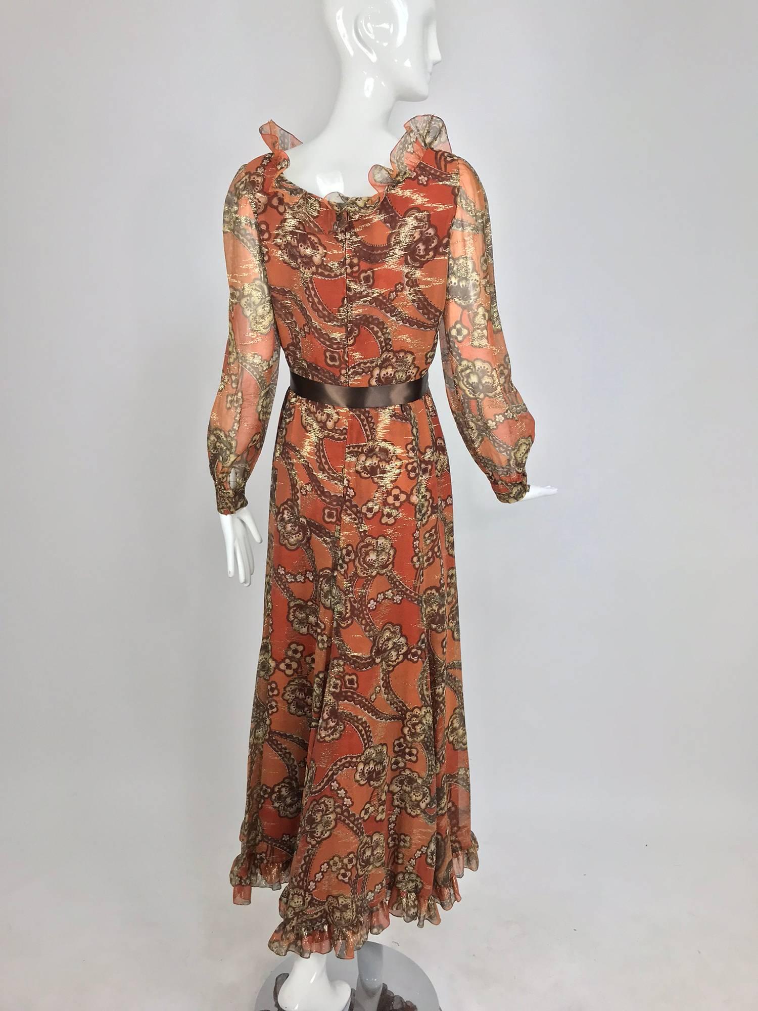 Oscar de la Renta russet print silk chiffon metallic brocade maxi dress 1970s 3