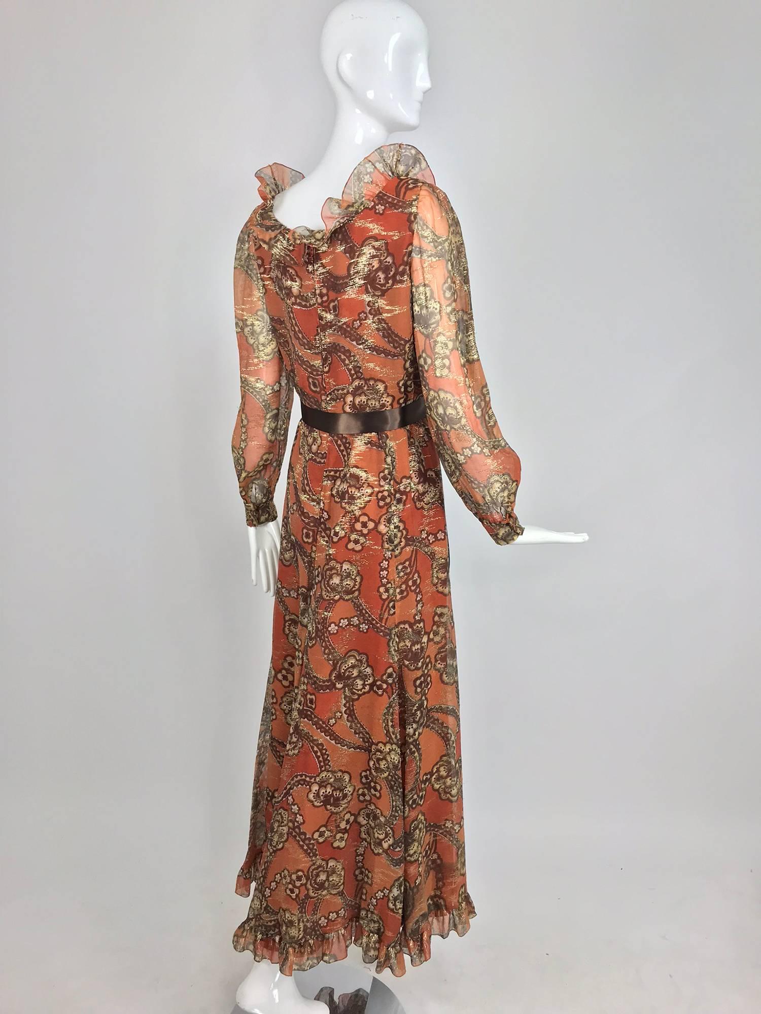 Oscar de la Renta russet print silk chiffon metallic brocade maxi dress 1970s 4