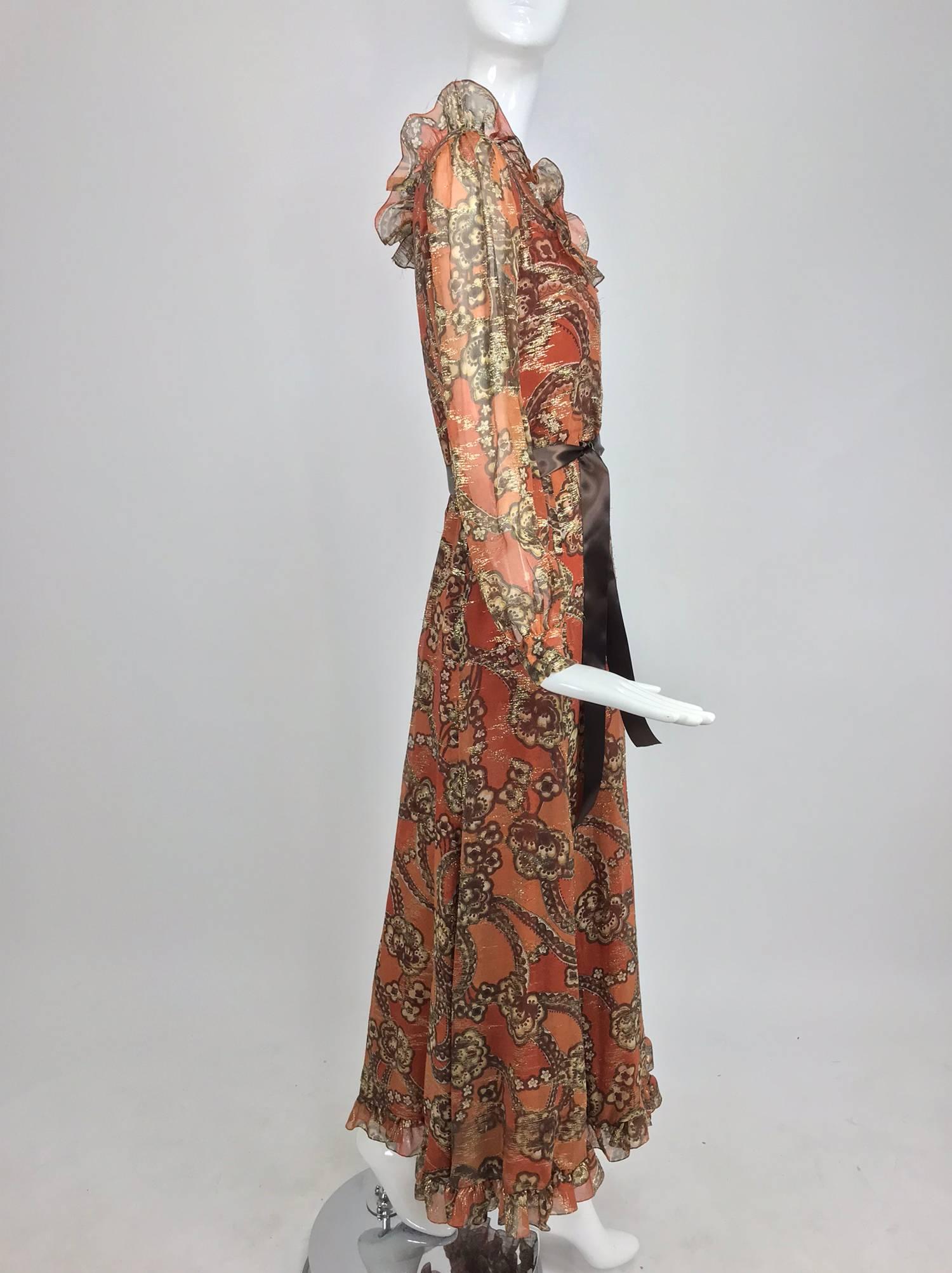 Oscar de la Renta russet print silk chiffon metallic brocade maxi dress 1970s 5