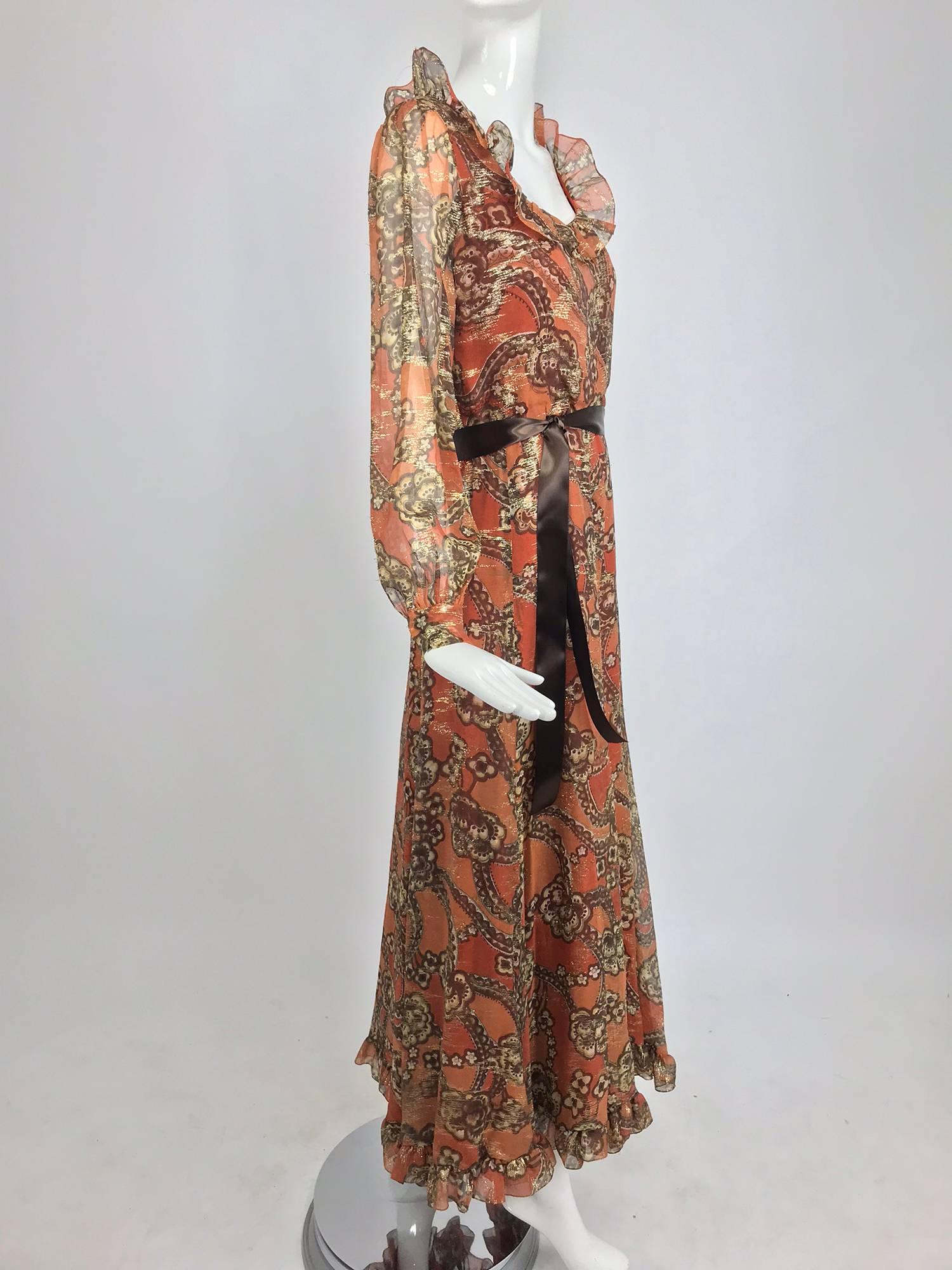 Oscar de la Renta russet print silk chiffon metallic brocade maxi dress 1970s 6