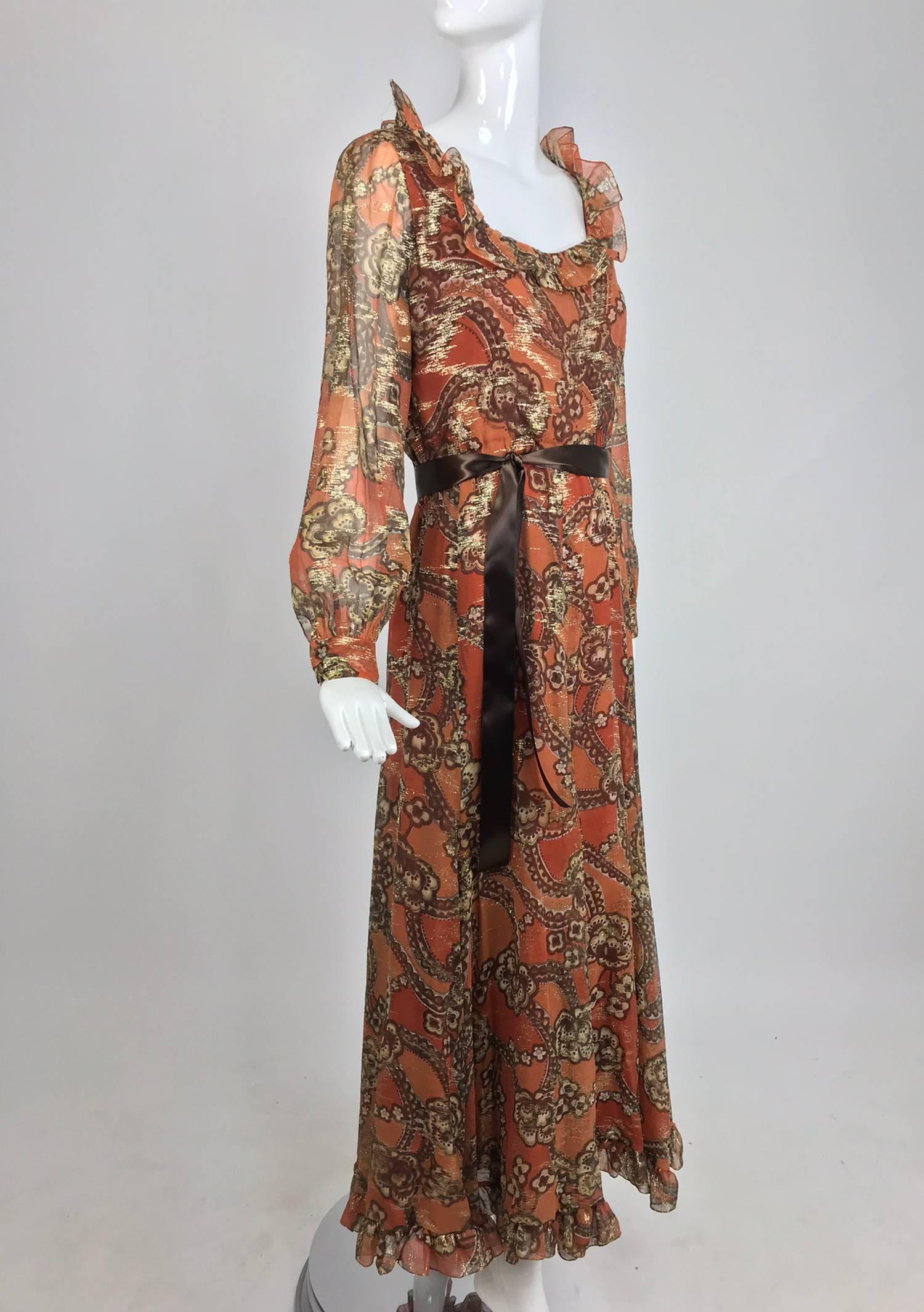 Oscar de la Renta russet print silk chiffon metallic brocade maxi dress 1970s 7