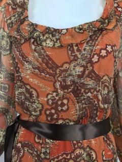 Oscar de la Renta russet print silk chiffon metallic brocade maxi dress 1970s