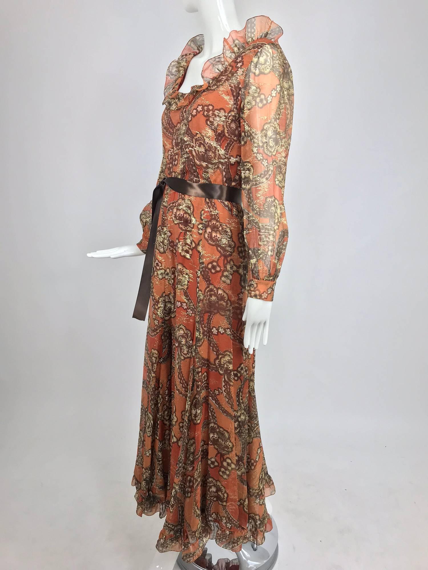 Oscar de la Renta russet print silk chiffon metallic brocade maxi dress 1970s In Excellent Condition In West Palm Beach, FL