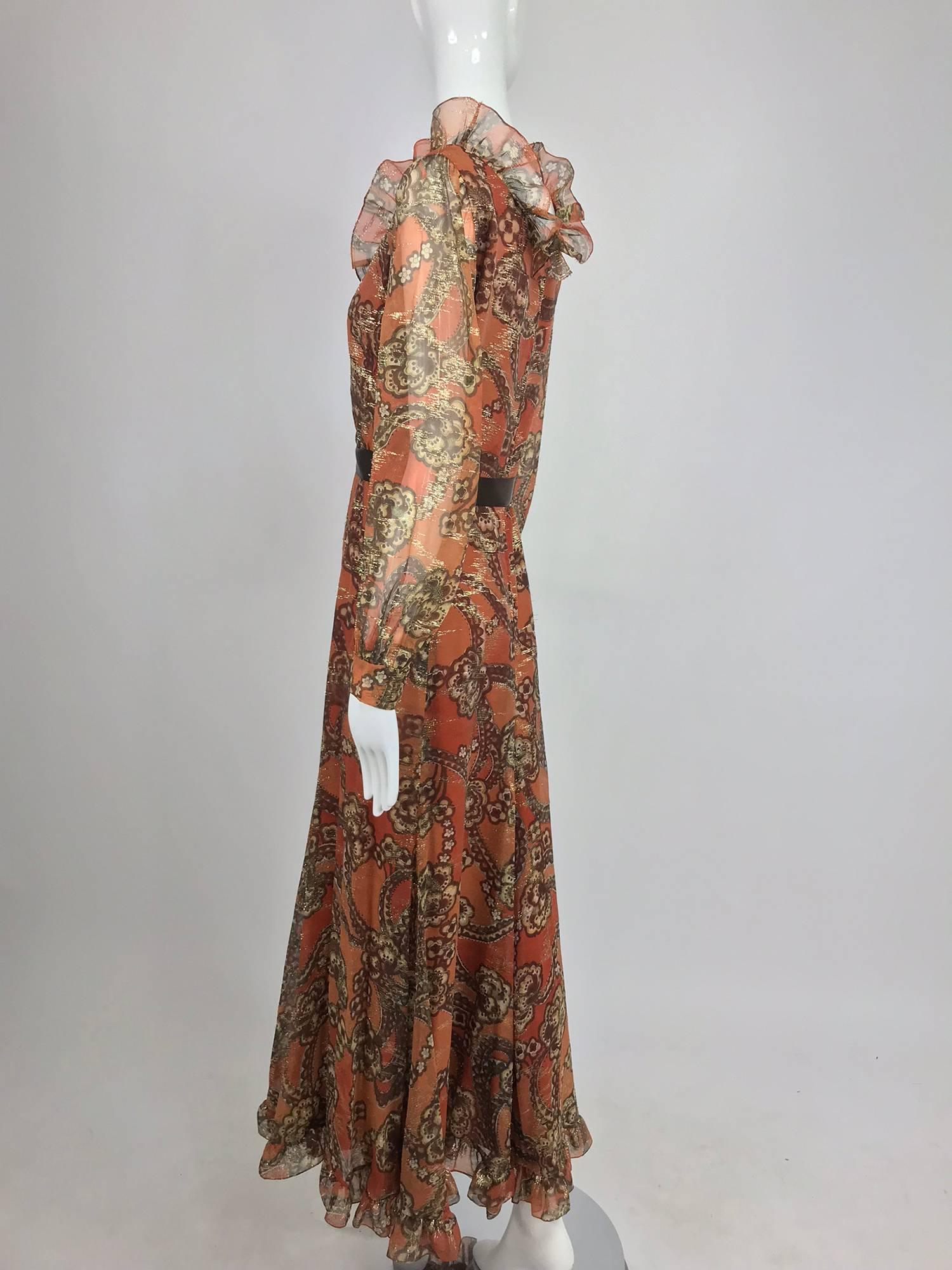 Women's Oscar de la Renta russet print silk chiffon metallic brocade maxi dress 1970s