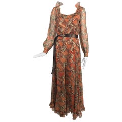 Oscar de la Renta russet print silk chiffon metallic brocade maxi dress 1970s
