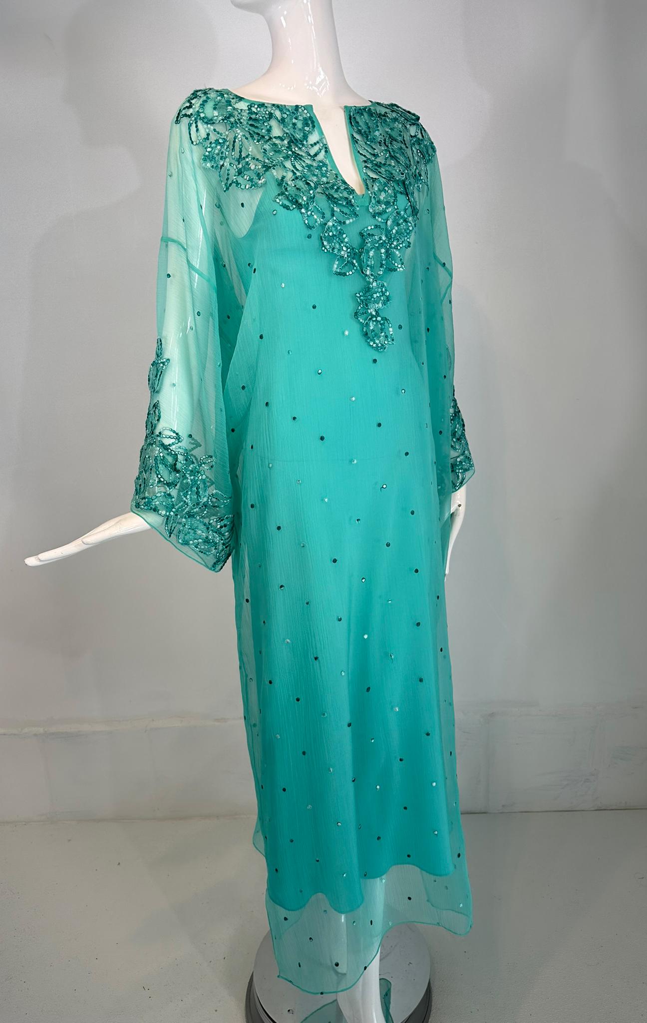 Oscar de la Renta S/S 13 Aqua Silk Embroidered & Appliqued Caftan & Slip XS 5
