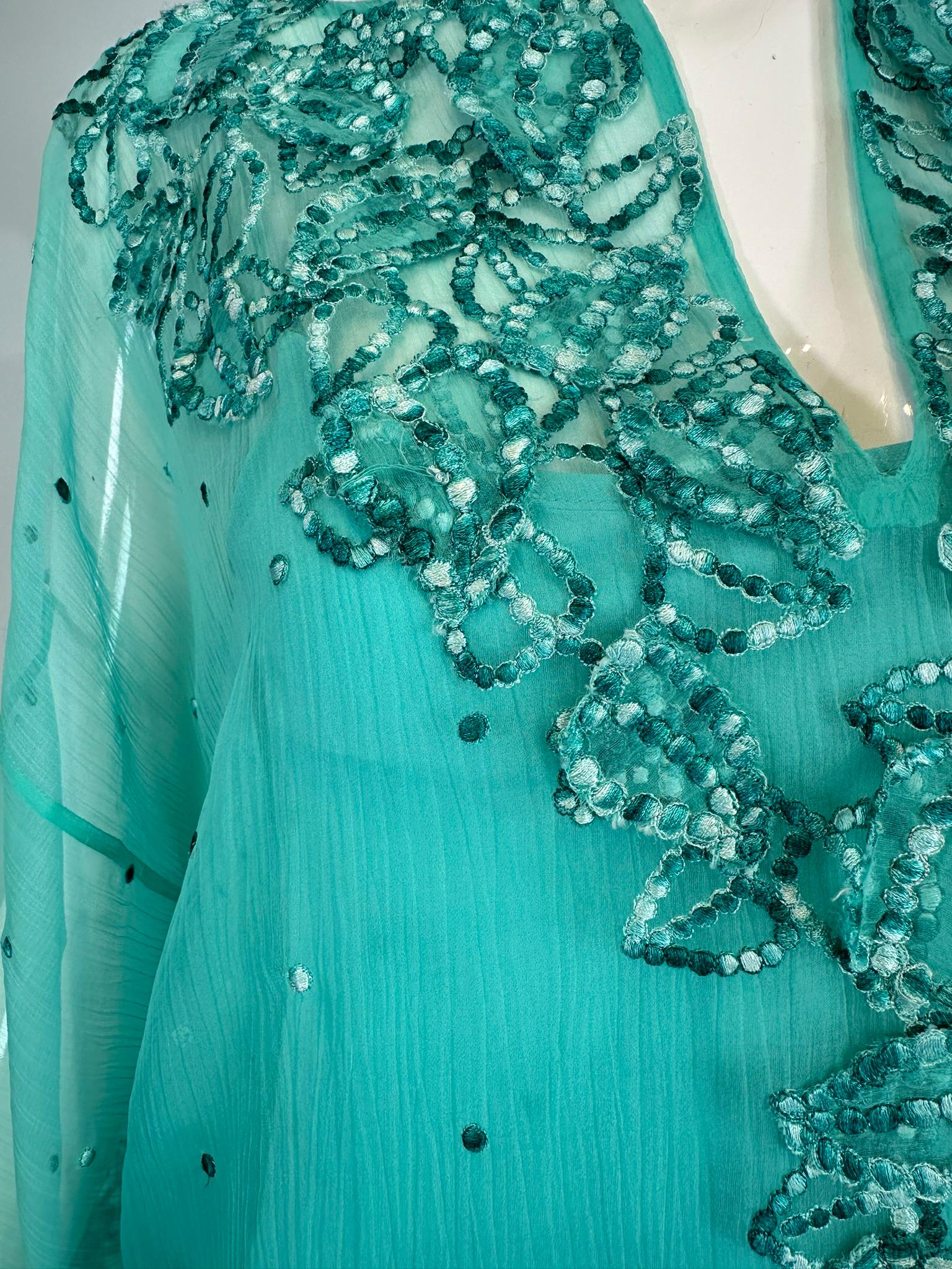Oscar de la Renta S/S 13 Aqua Silk Embroidered & Appliqued Caftan & Slip XS 6