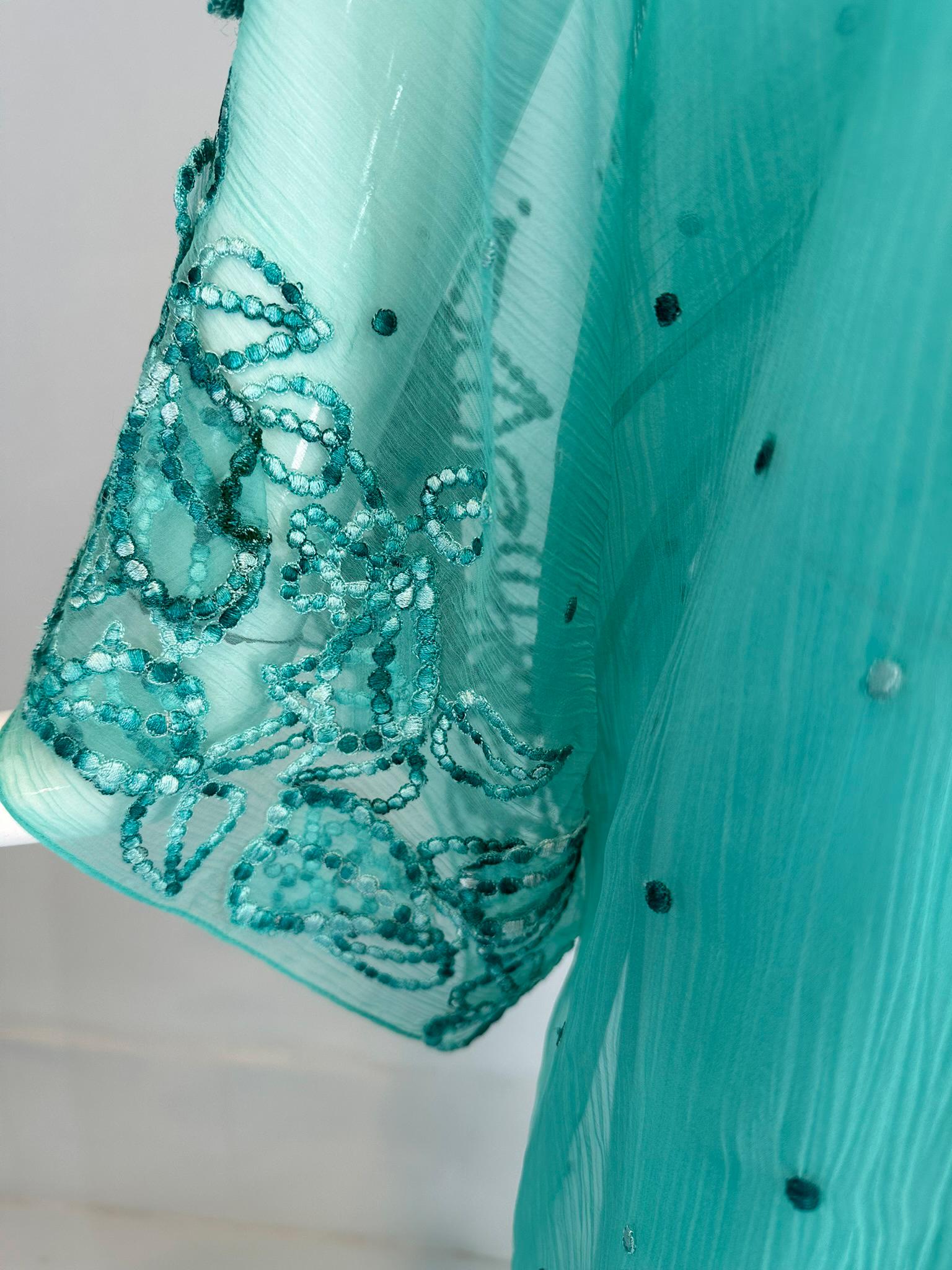 Oscar de la Renta S/S 13 Aqua Silk Embroidered & Appliqued Caftan & Slip XS 7