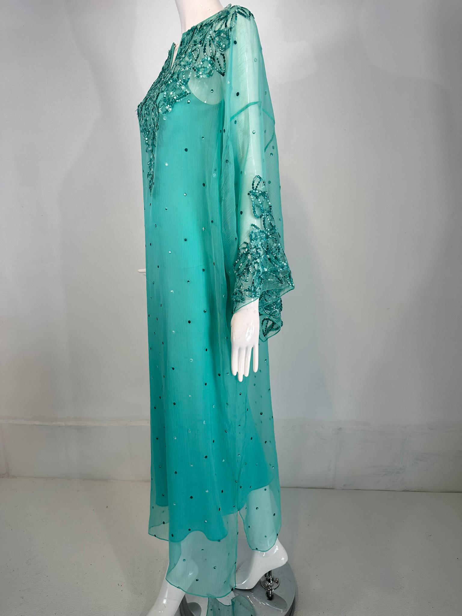 Blue Oscar de la Renta S/S 13 Aqua Silk Embroidered & Appliqued Caftan & Slip XS