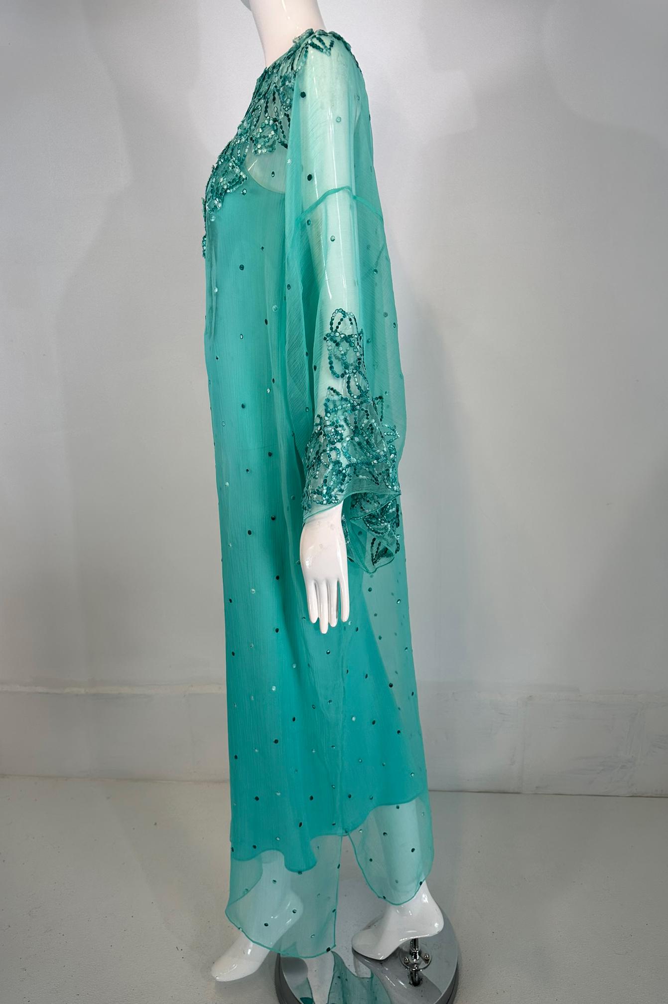 Oscar de la Renta S/S 13 Aqua Silk Embroidered & Appliqued Caftan & Slip XS In Good Condition In West Palm Beach, FL