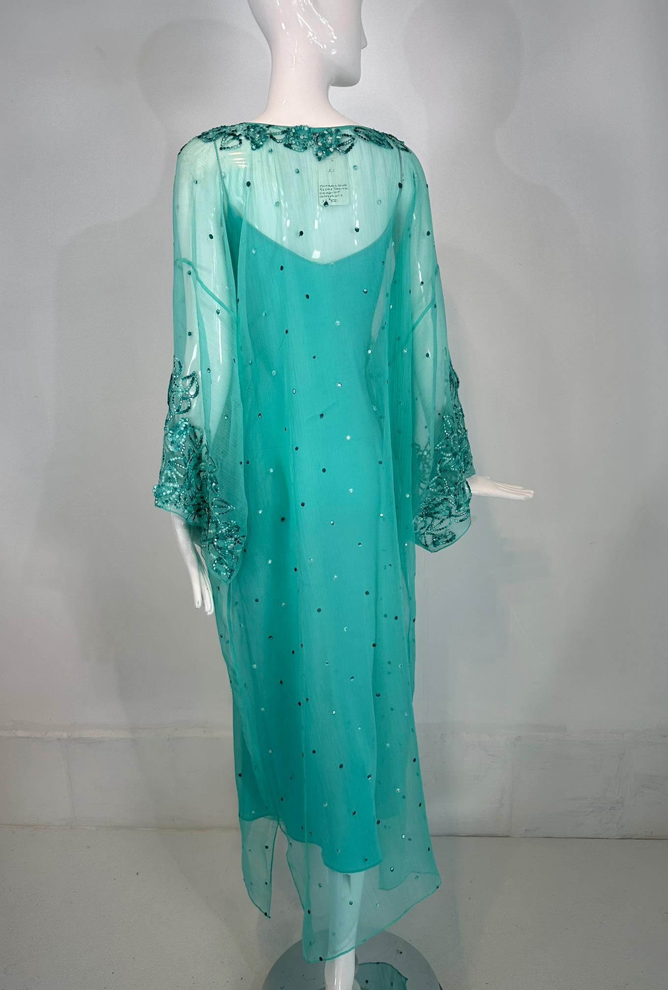 Oscar de la Renta S/S 13 Aqua Silk Embroidered & Appliqued Caftan & Slip XS 1
