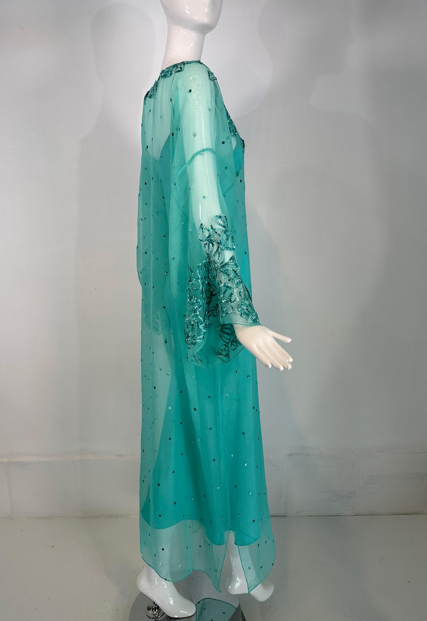 Oscar de la Renta S/S 13 Aqua Silk Embroidered & Appliqued Caftan & Slip XS 3