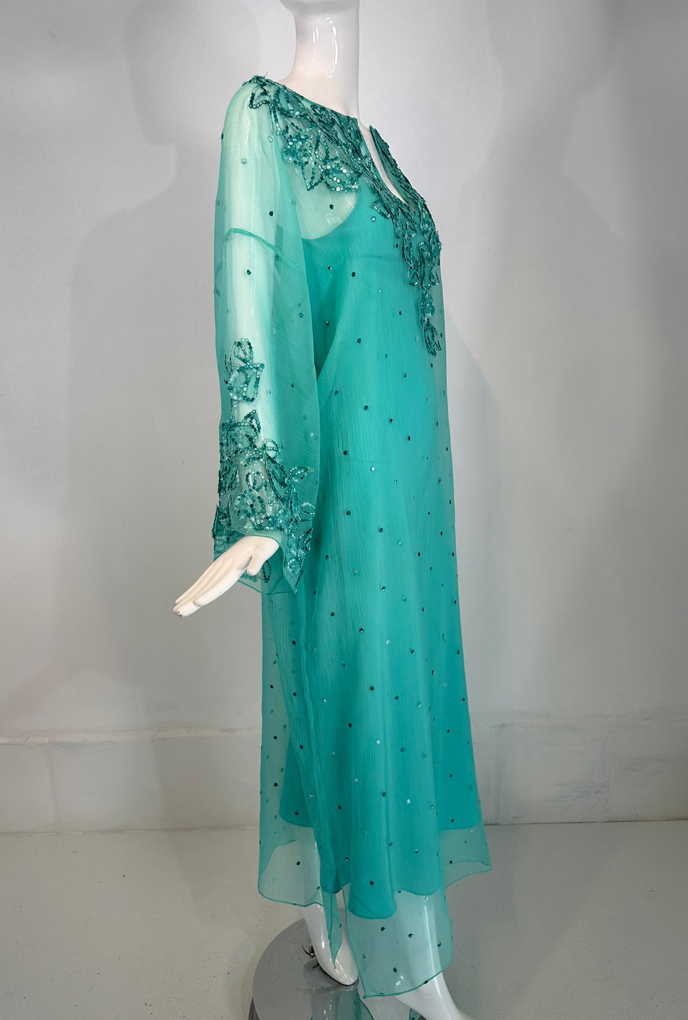 Oscar de la Renta S/S 13 Aqua Silk Embroidered & Appliqued Caftan & Slip XS 4