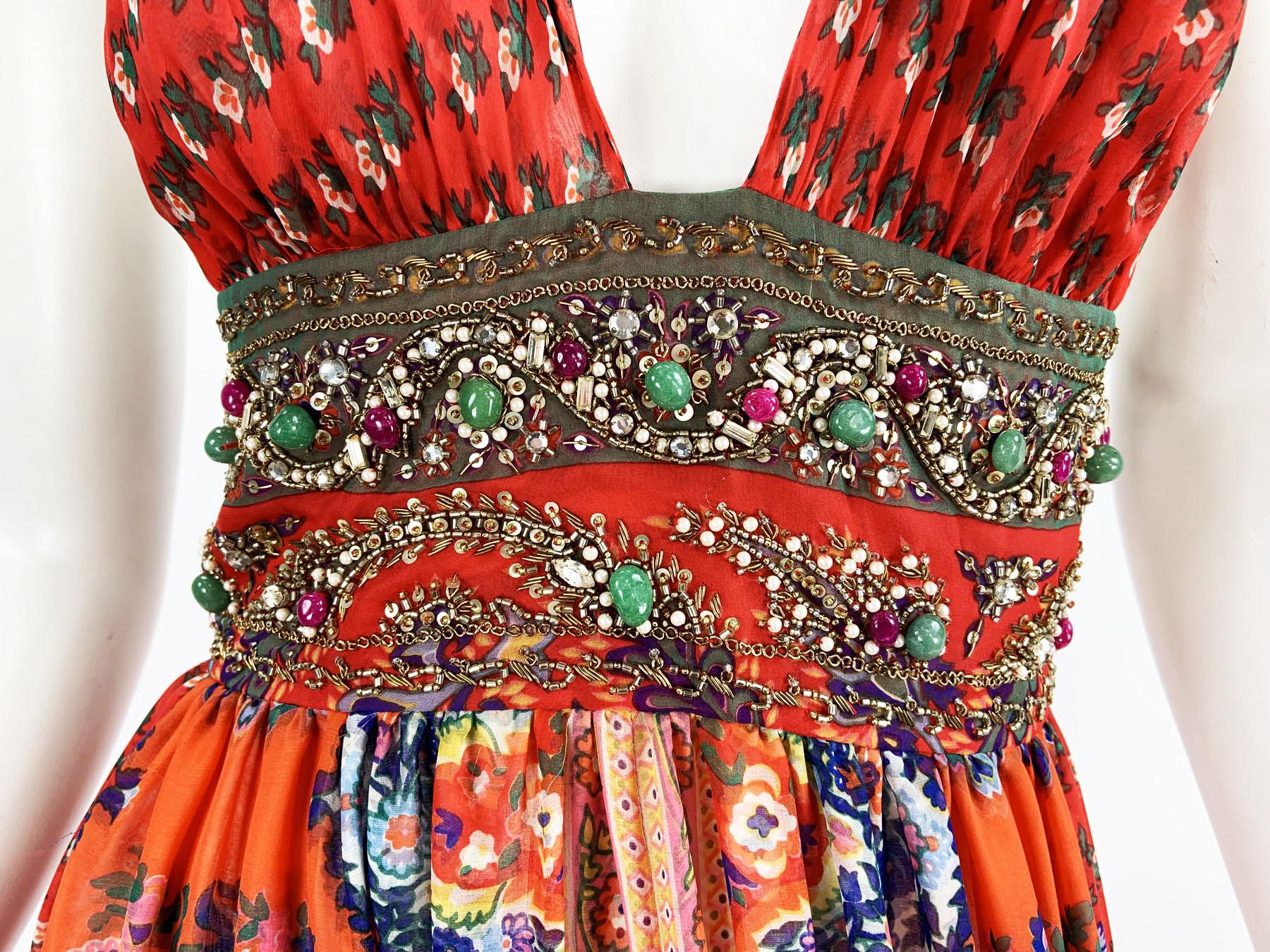 Oscar de la Renta S/S 2005 Runway Silk Halter Beaded Open Back Maxi Dress US 4 9