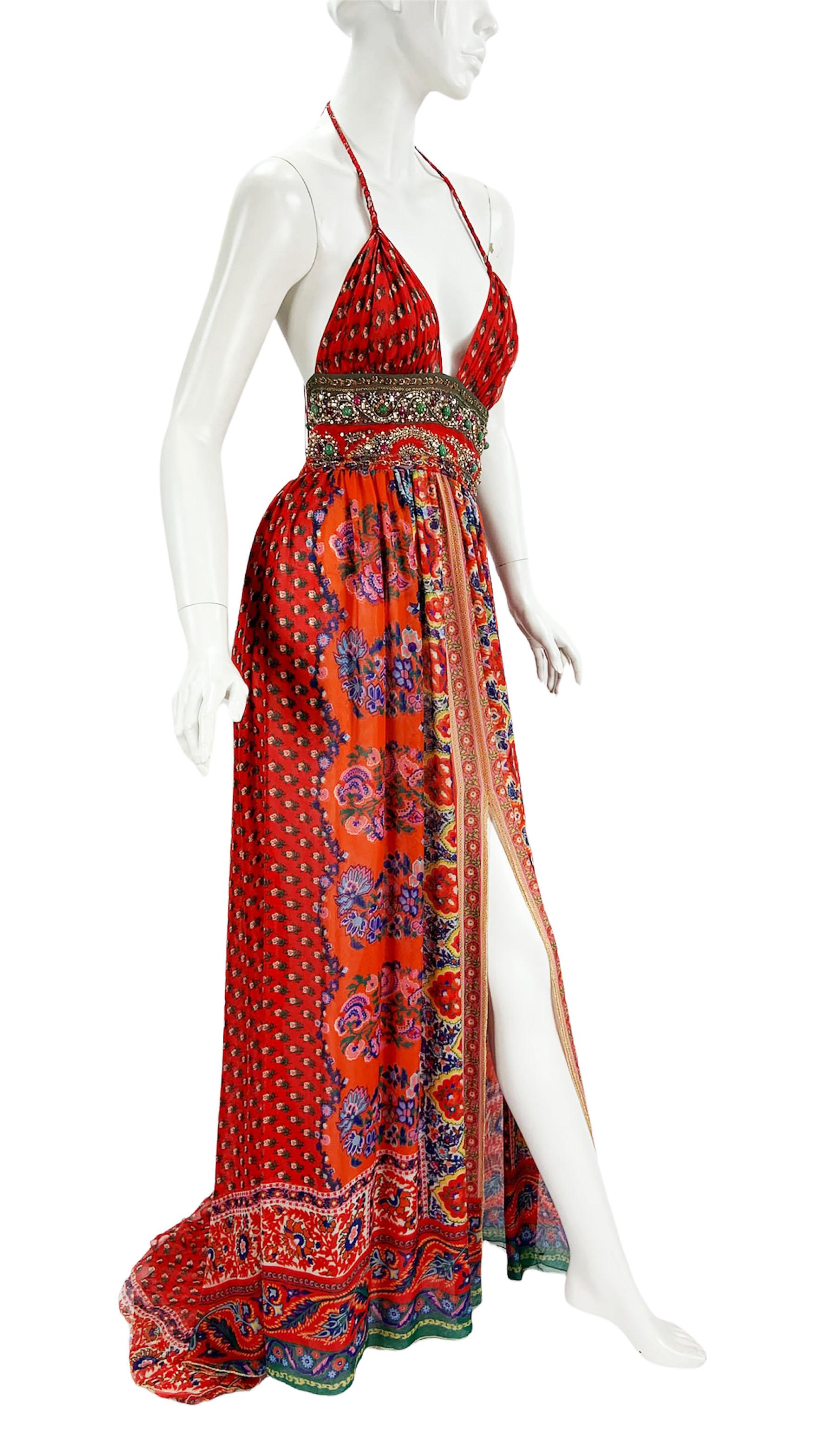 Oscar de la Renta S/S 2005 Runway Silk Halter Beaded Open Back Maxi Dress US 4 In Excellent Condition In Montgomery, TX