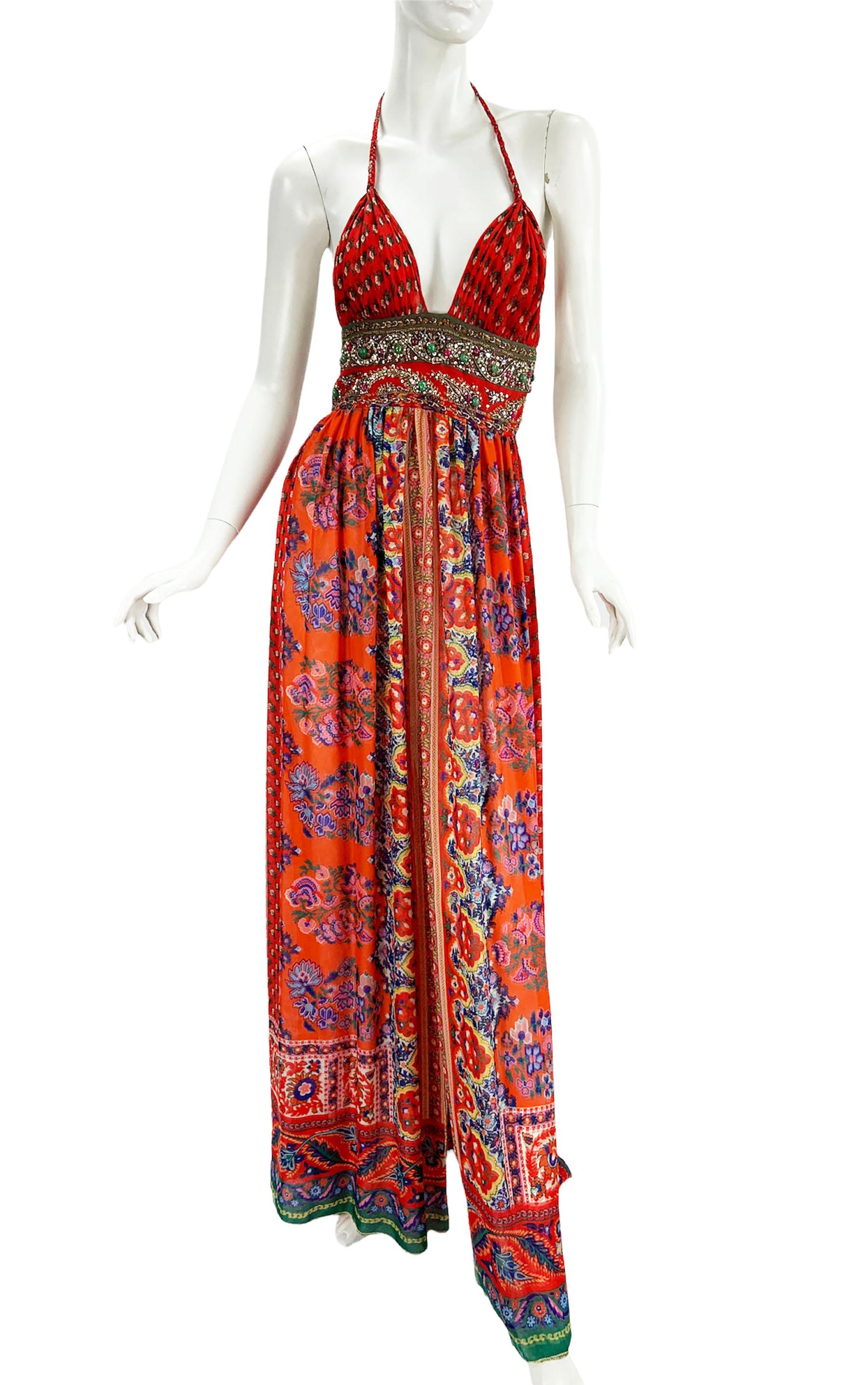 Women's Oscar de la Renta S/S 2005 Runway Silk Halter Beaded Open Back Maxi Dress US 4