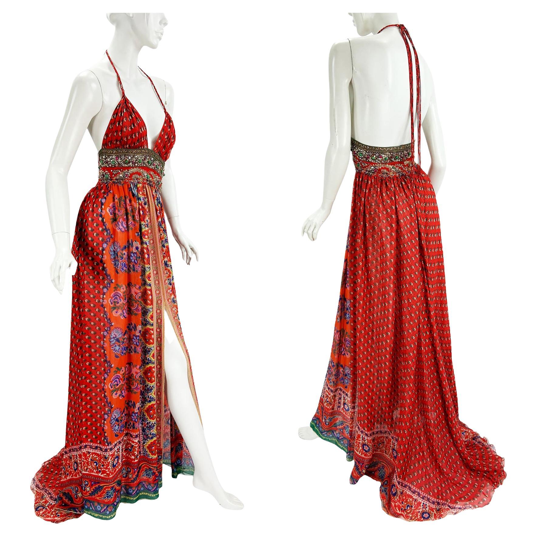 Oscar De La Renta S/S 2005 Runway Silk Halter Beaded Open Back Maxi Dress US 4 en vente