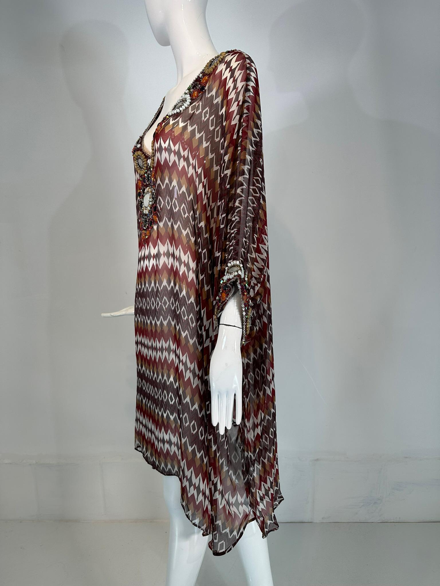 Oscar de la Renta S/S 2008 Silk Beaded Jewel Neck & Cuffs Tunic Caftan In Good Condition In West Palm Beach, FL