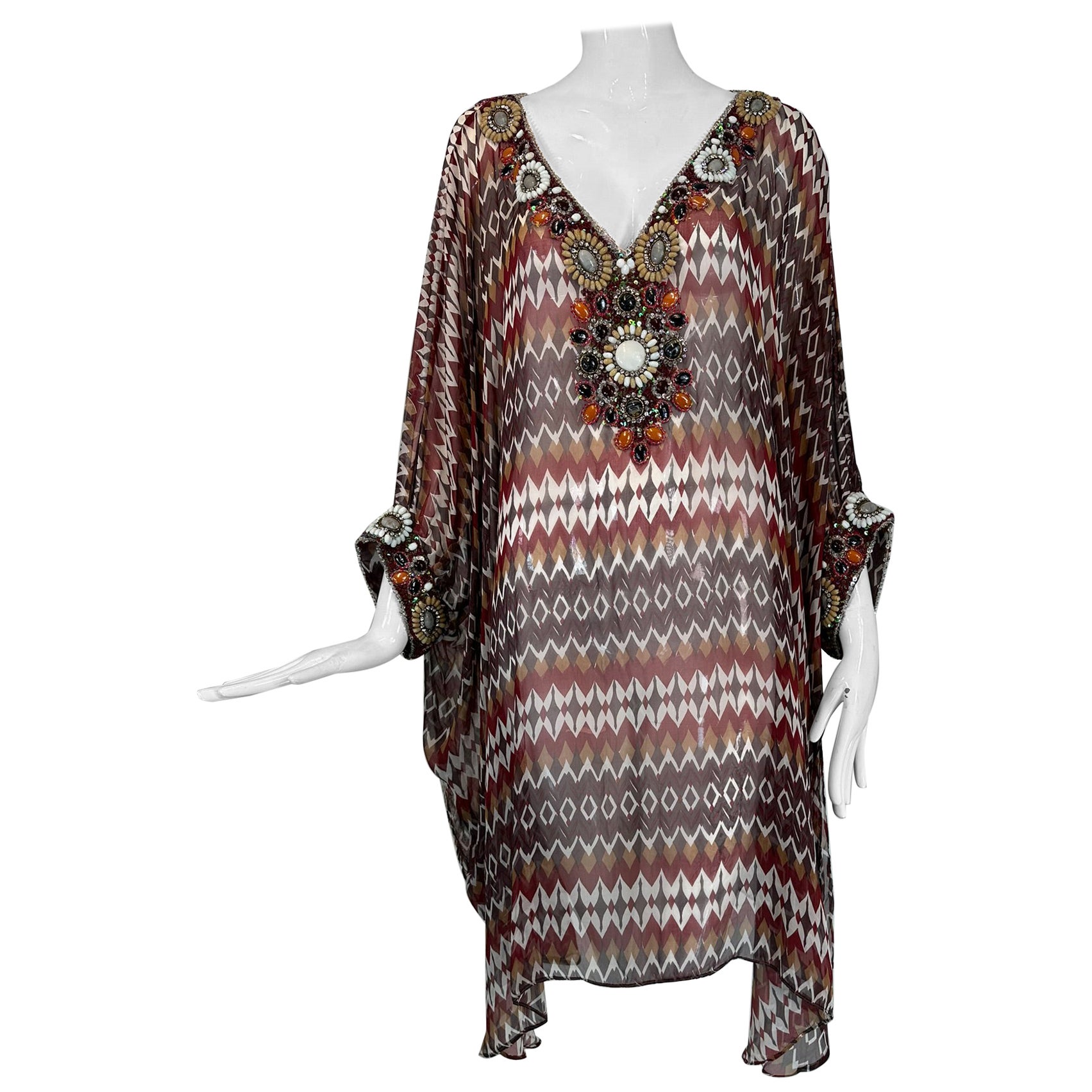 Oscar de la Renta S/S 2008 Silk Beaded Jewel Neck & Cuffs Tunic Caftan