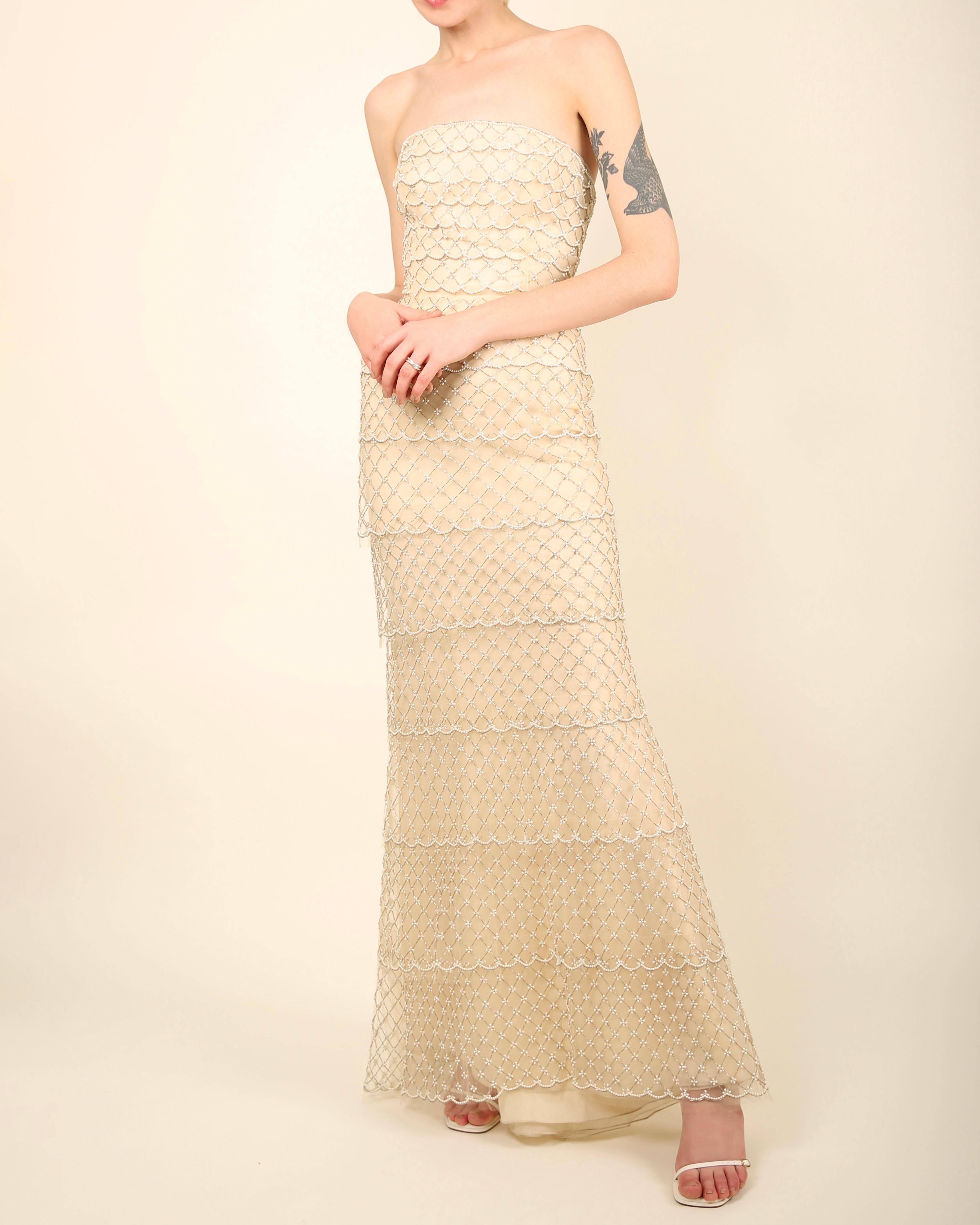 Oscar de la Renta S/S 2014 strapless tiered sheer mesh pearl wedding dress gown 5