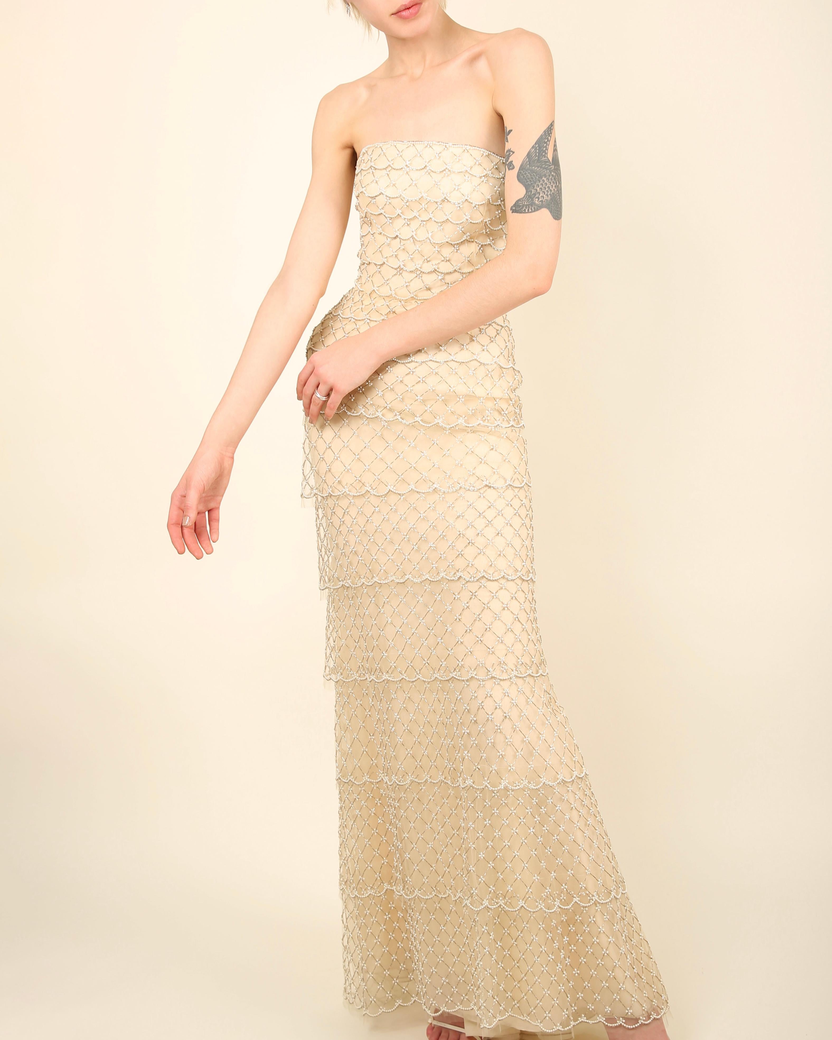 Oscar de la Renta S/S 2014 strapless tiered sheer mesh pearl wedding dress gown For Sale 6