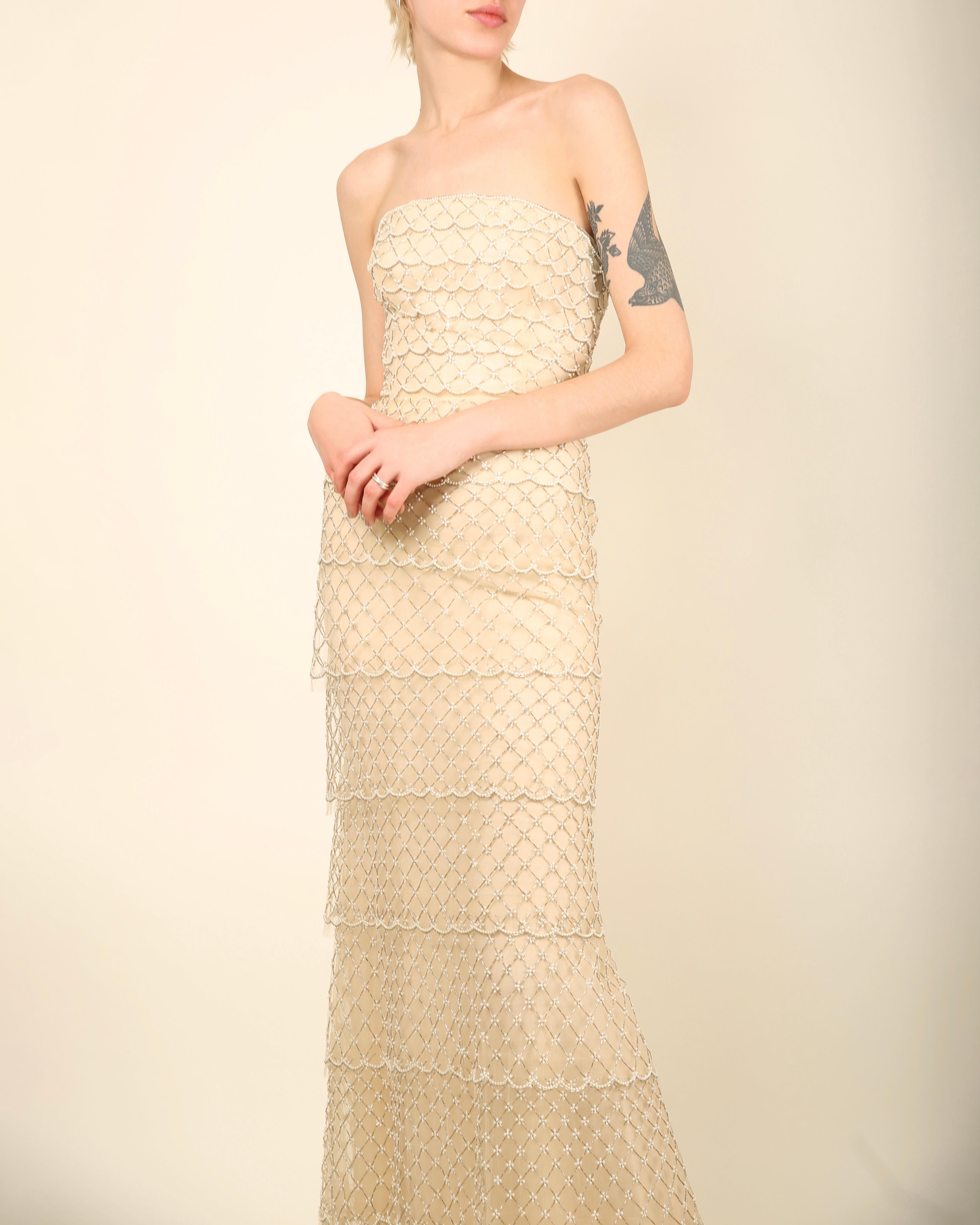 Oscar de la Renta S/S 2014 strapless tiered sheer mesh pearl wedding dress gown 7