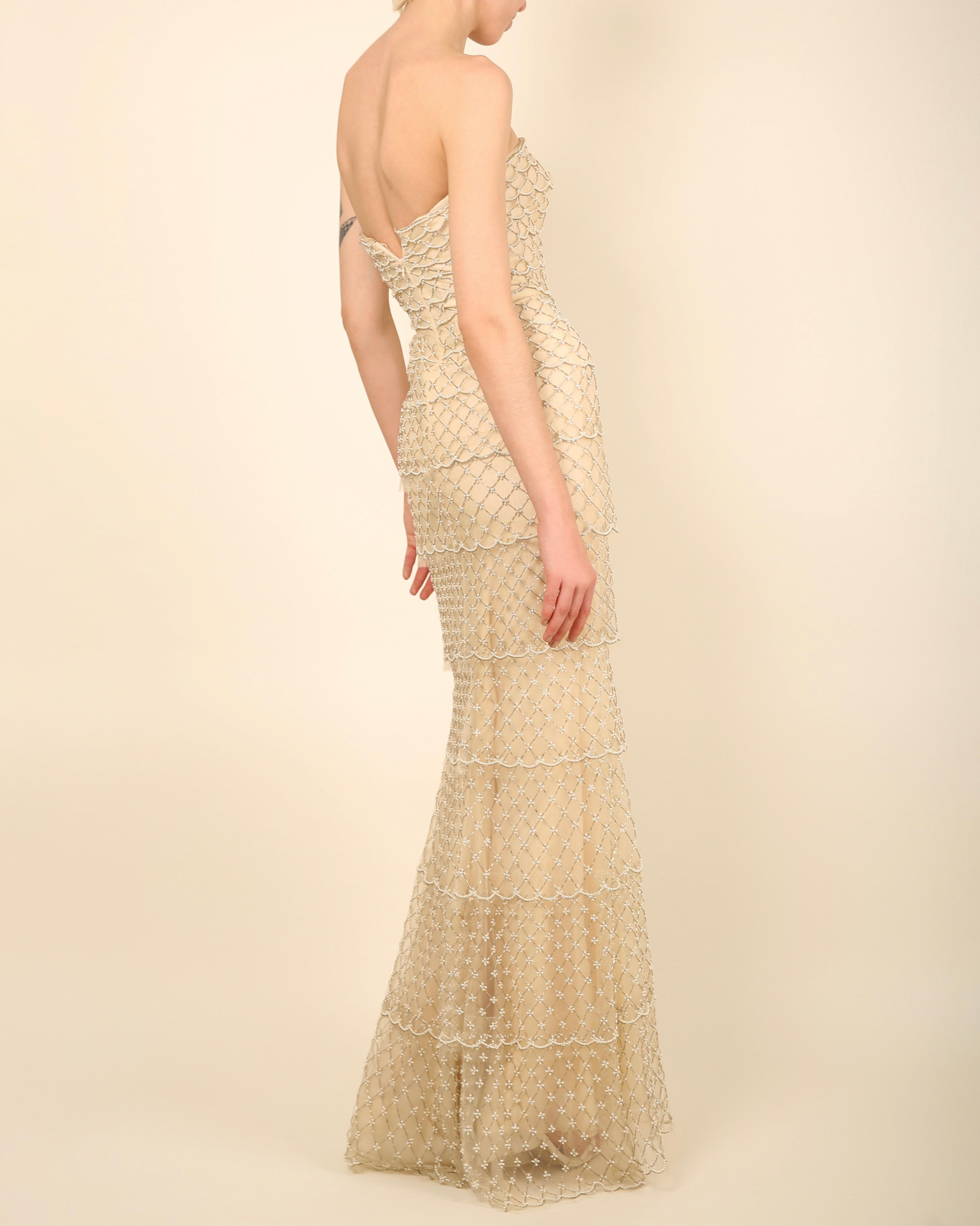 Oscar de la Renta S/S 2014 strapless tiered sheer mesh pearl wedding dress gown 8