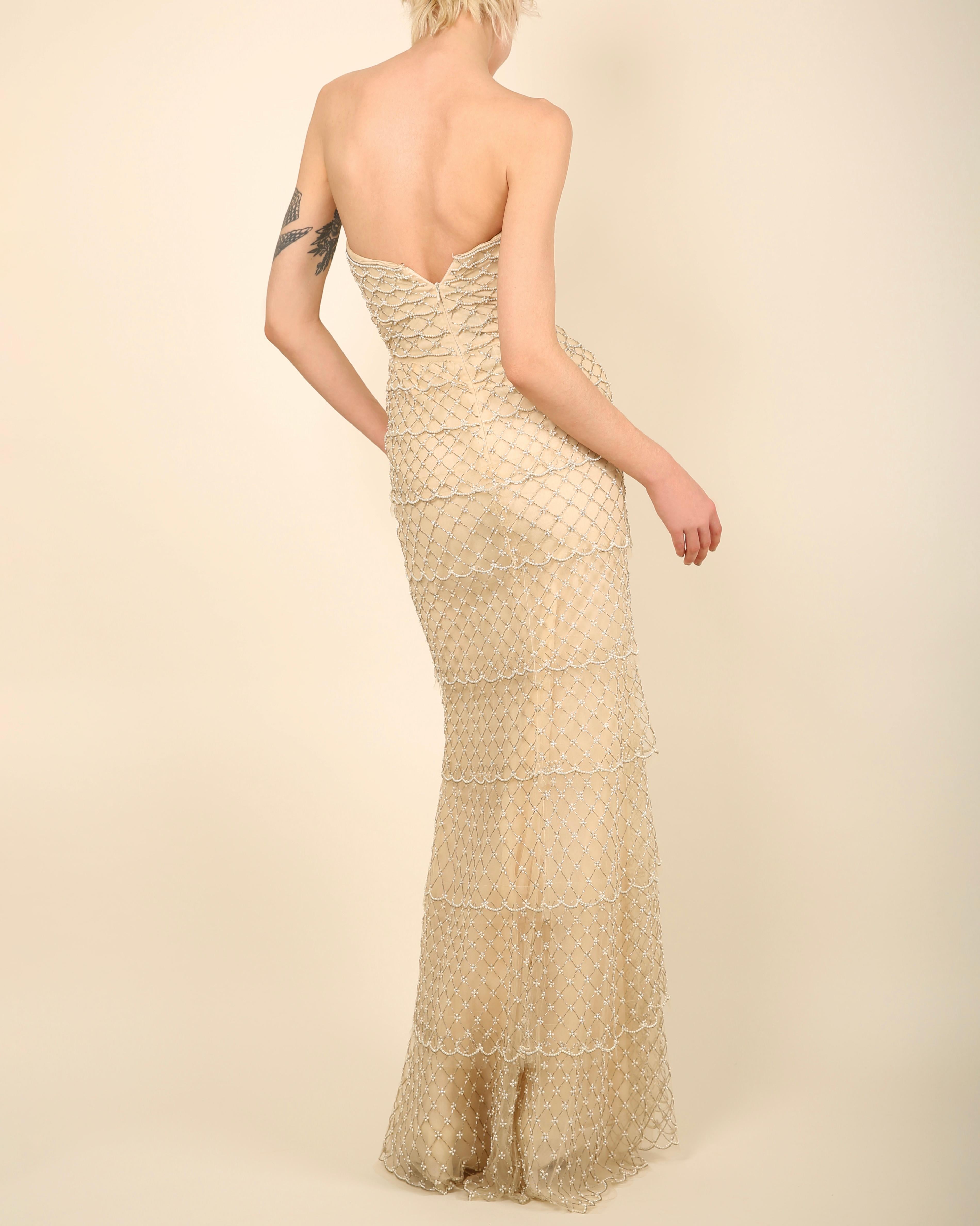 Oscar de la Renta S/S 2014 strapless tiered sheer mesh pearl wedding dress gown 10