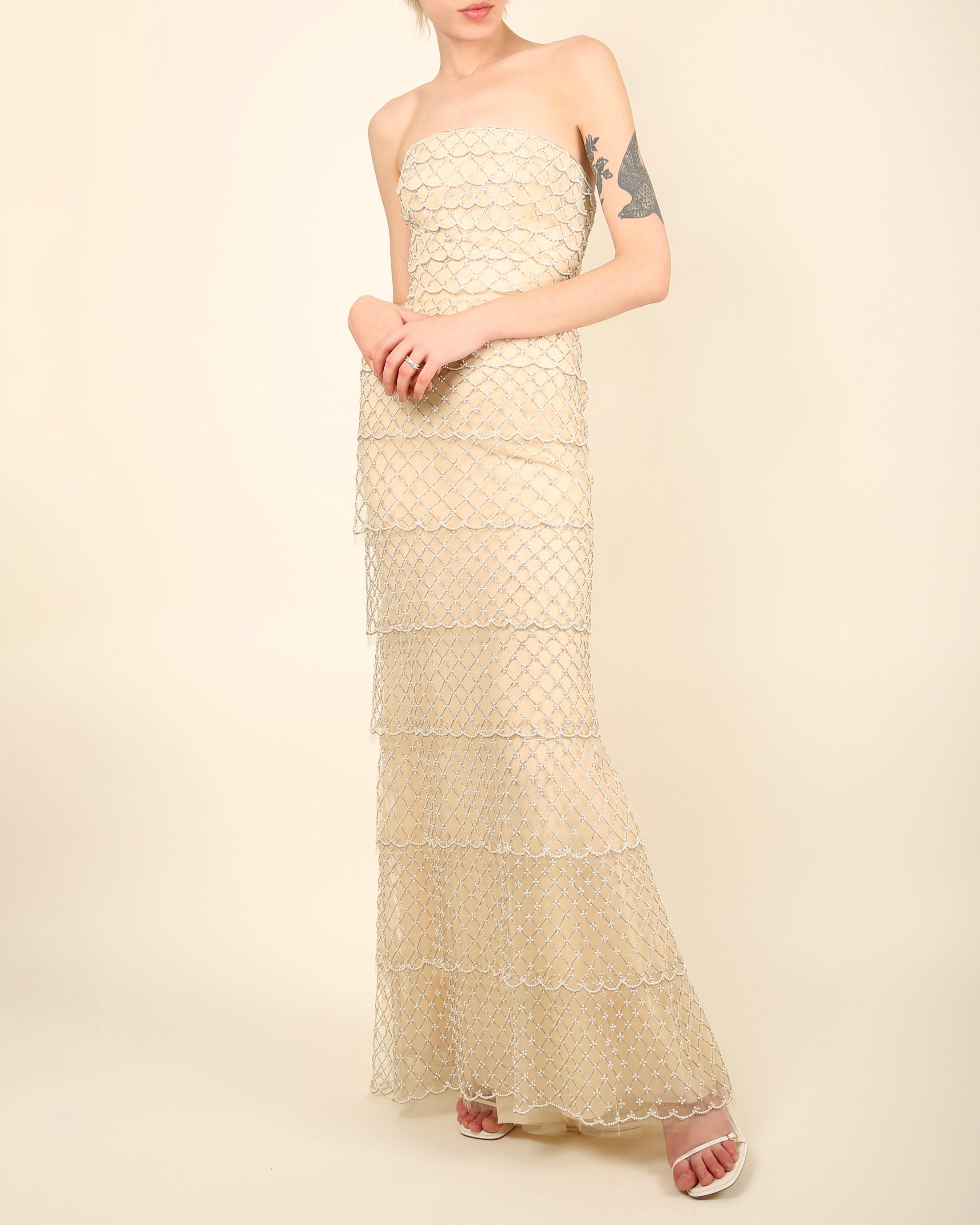 Beige Oscar de la Renta S/S 2014 strapless tiered sheer mesh pearl wedding dress gown For Sale