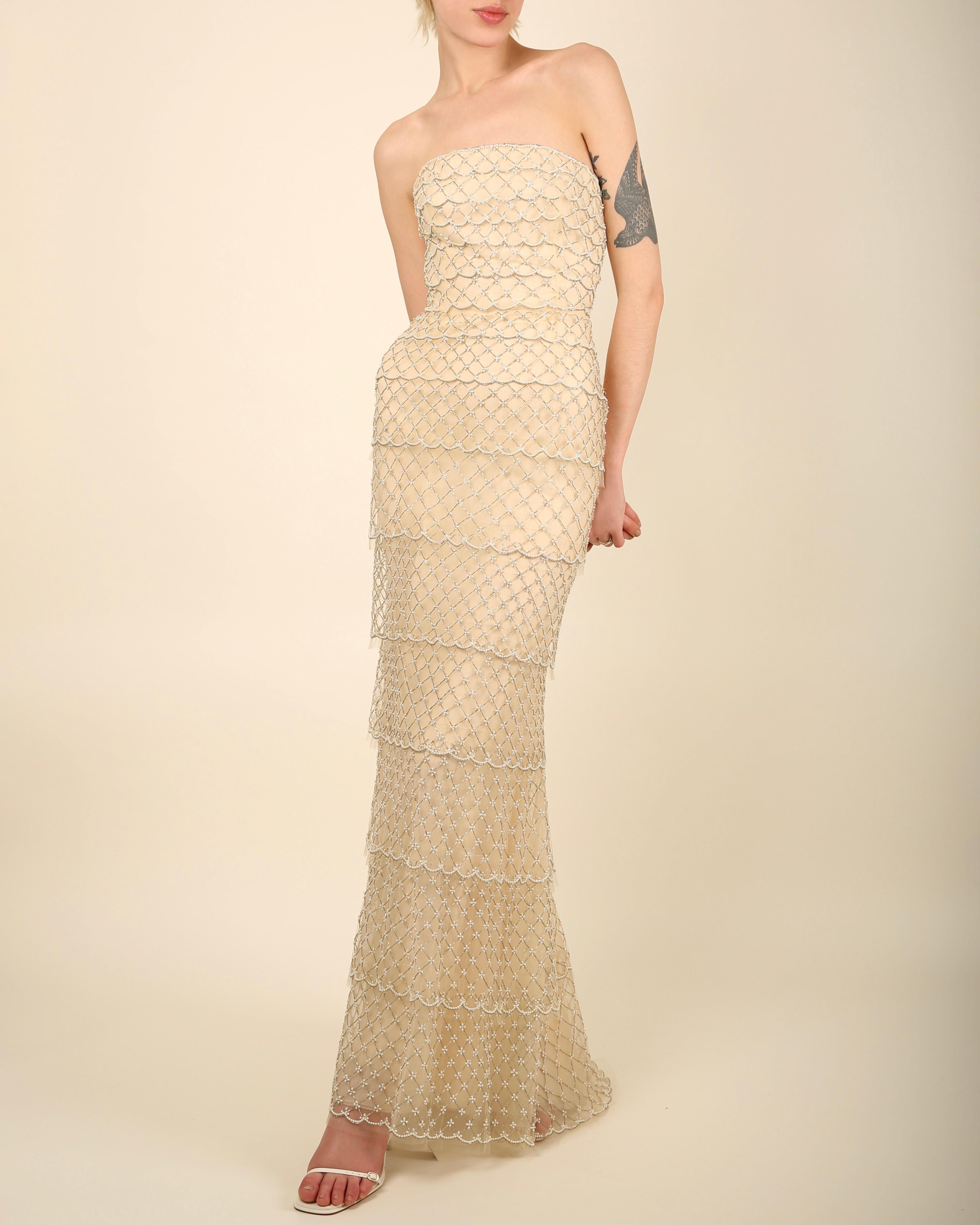 Oscar de la Renta S/S 2014 strapless tiered sheer mesh pearl wedding dress gown In Good Condition In Paris, FR