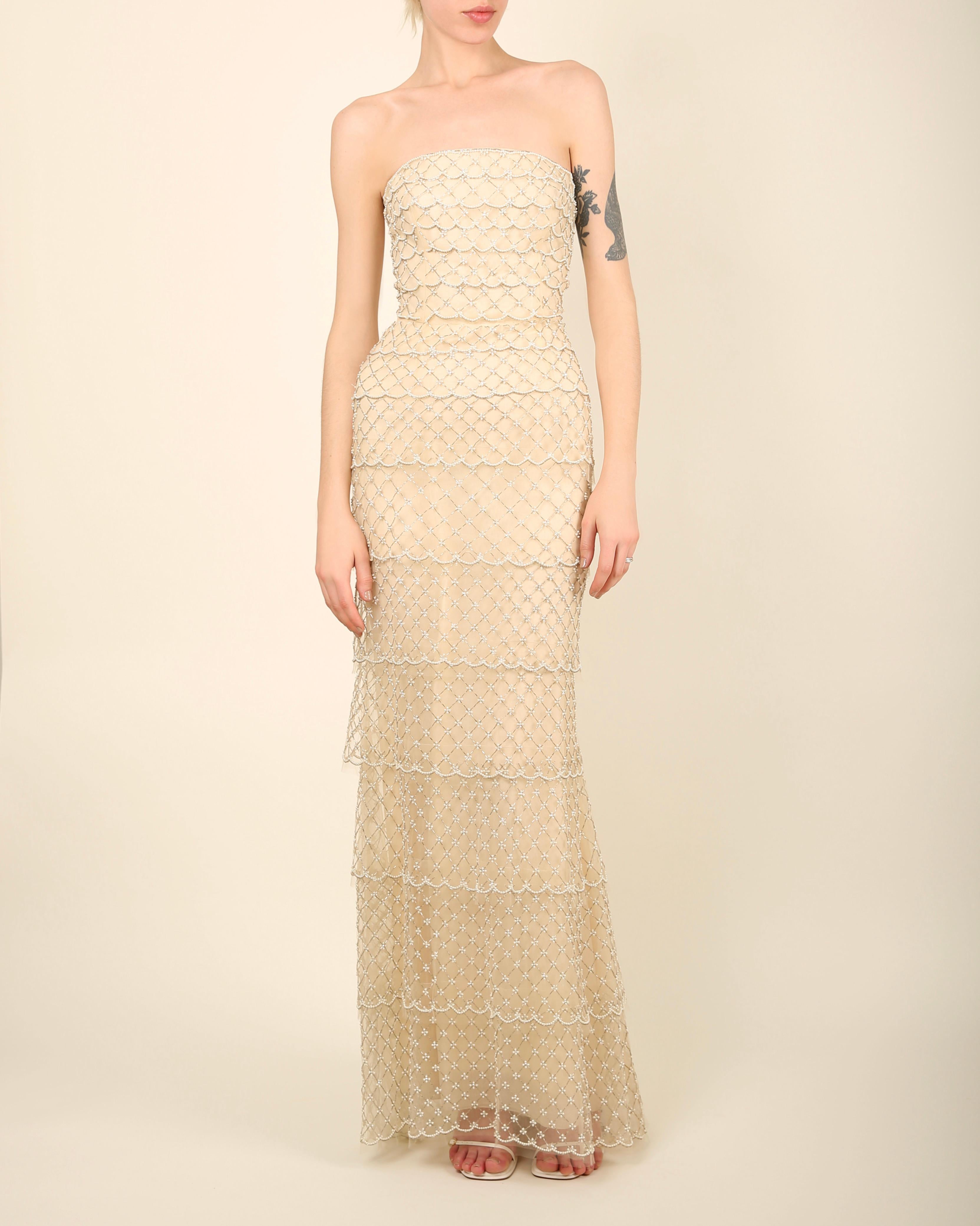 Women's Oscar de la Renta S/S 2014 strapless tiered sheer mesh pearl wedding dress gown For Sale