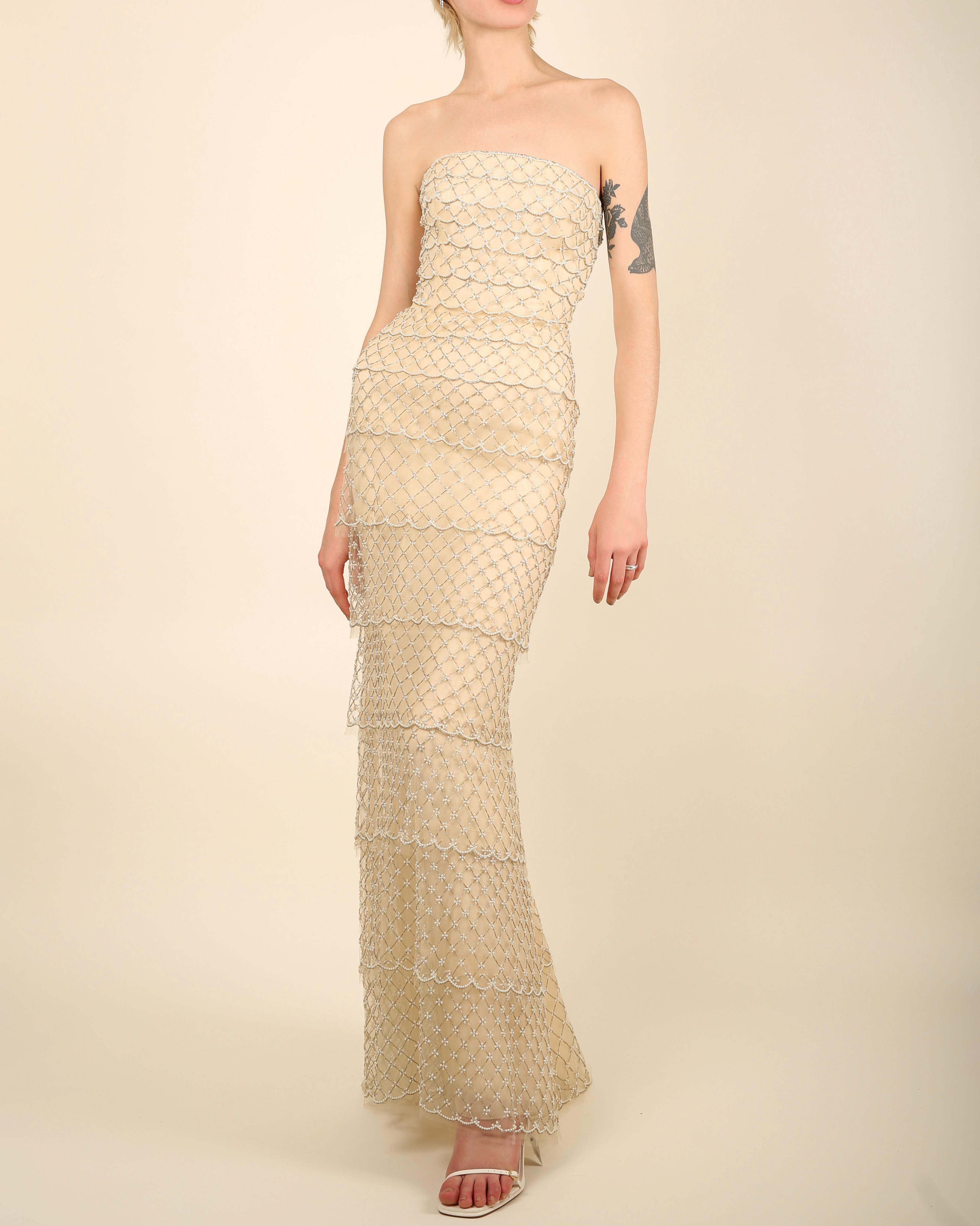 Oscar de la Renta S/S 2014 strapless tiered sheer mesh pearl wedding dress gown For Sale 1