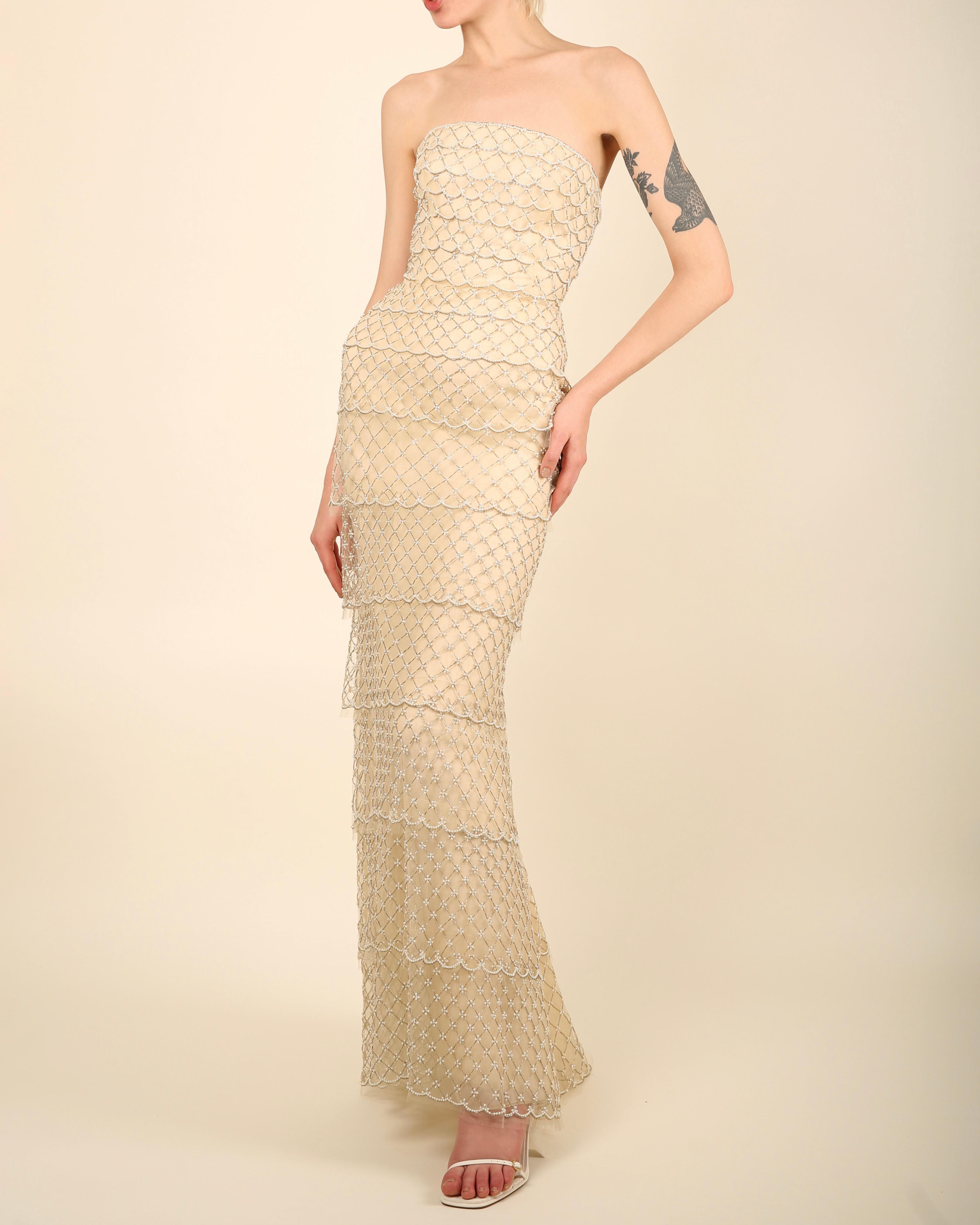 Oscar de la Renta S/S 2014 strapless tiered sheer mesh pearl wedding dress gown 2