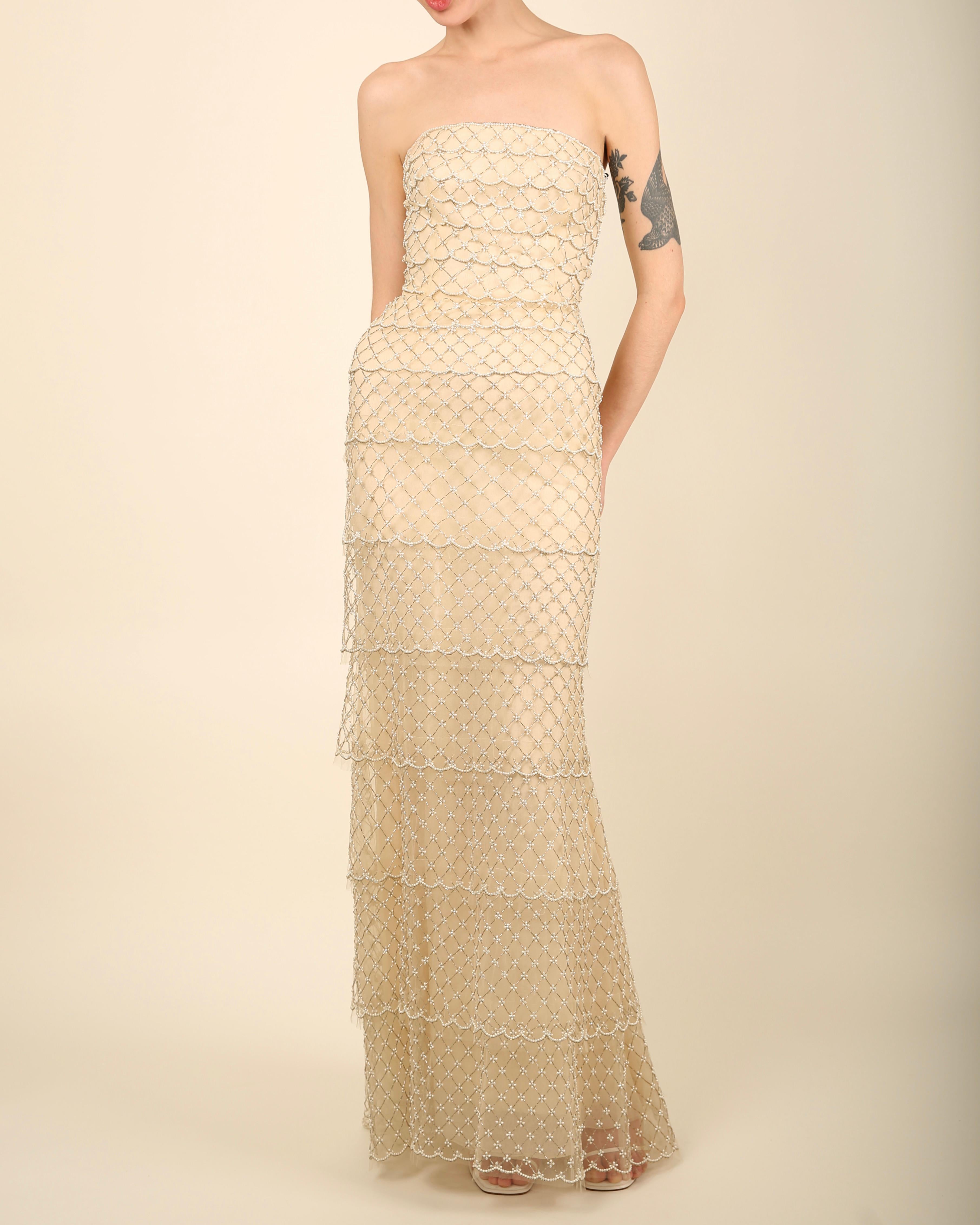 Oscar de la Renta S/S 2014 strapless tiered sheer mesh pearl wedding dress gown For Sale 3