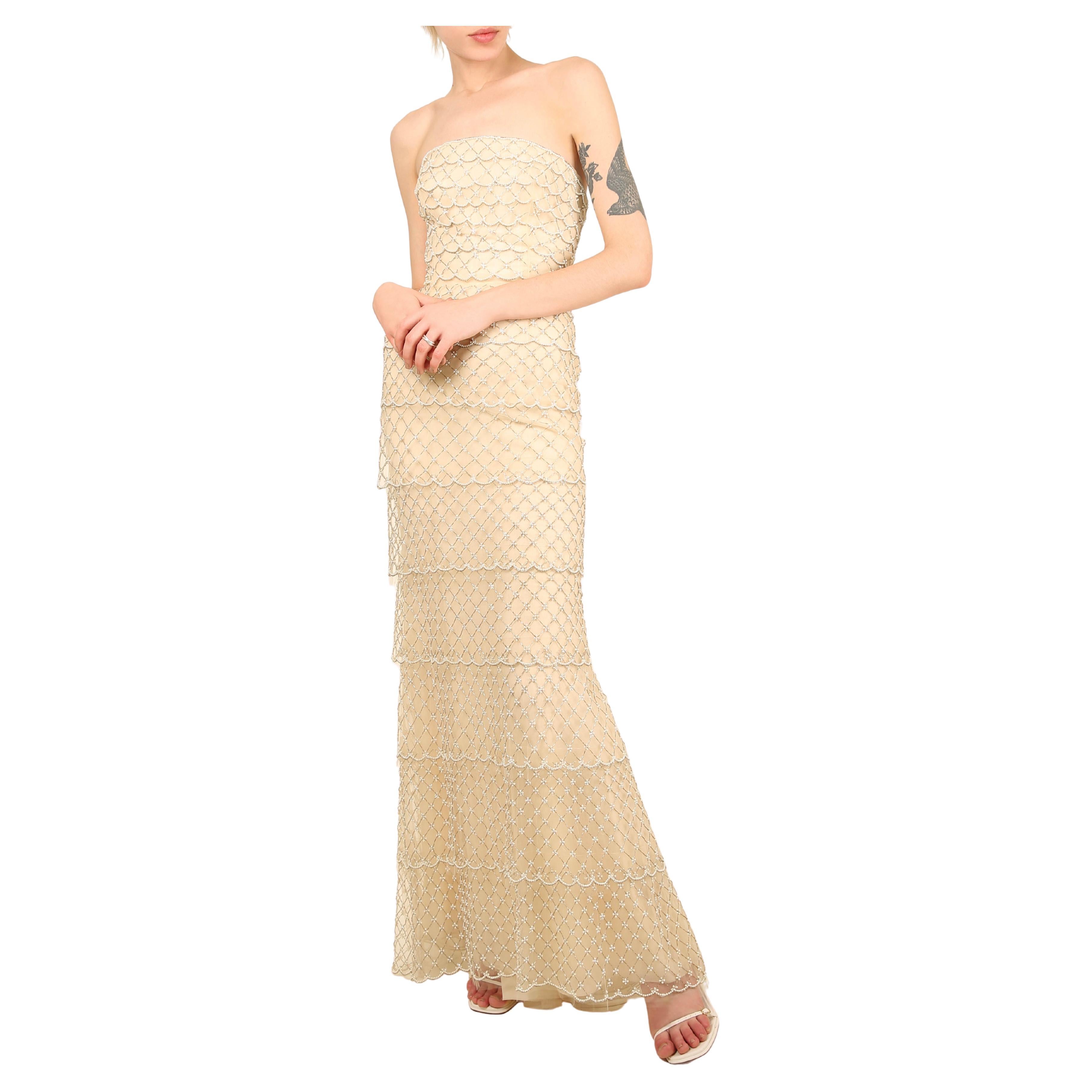 Oscar de la Renta S/S 2014 strapless tiered sheer mesh pearl wedding dress gown For Sale