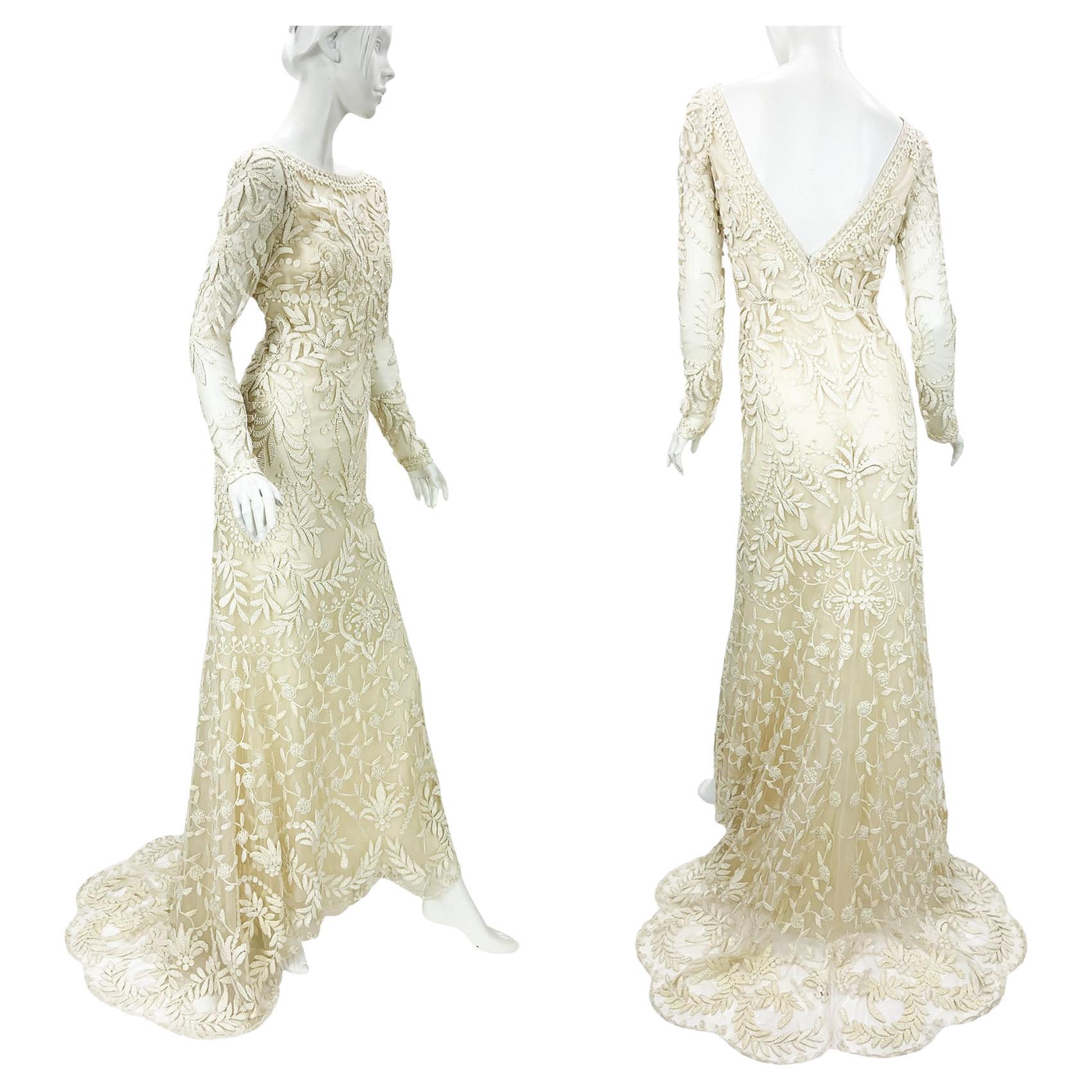 Oscar de la Renta F/S 2021 Elfenbeinfarbenes besticktes Hochzeitskleid aus Spitze M