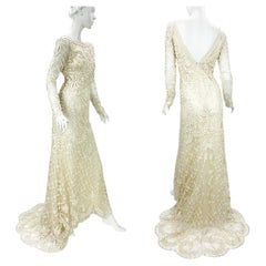Oscar de la Renta F/S 2021 Elfenbeinfarbenes besticktes Hochzeitskleid aus Spitze M