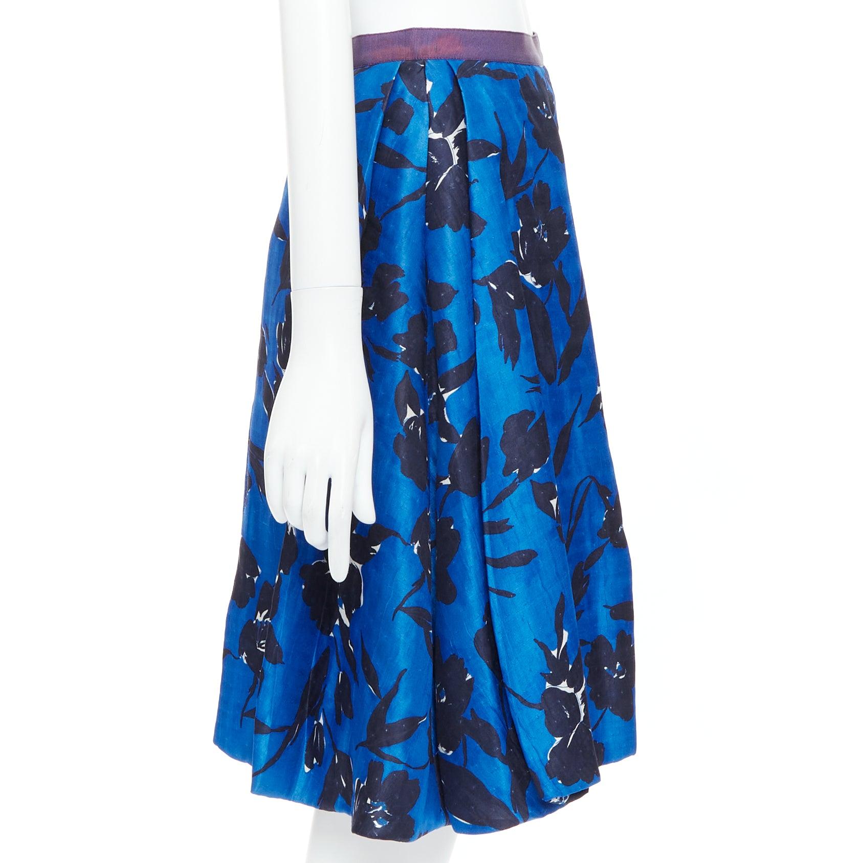 Women's OSCAR DE LA RENTA S07 blue black silk cotton floral print full midi skirt US2 S For Sale