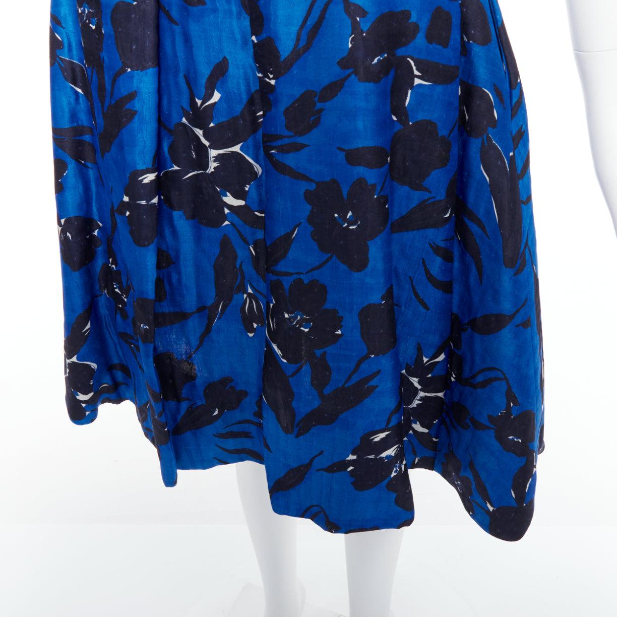 OSCAR DE LA RENTA S07 blue black silk cotton floral print full midi skirt US2 S For Sale 3