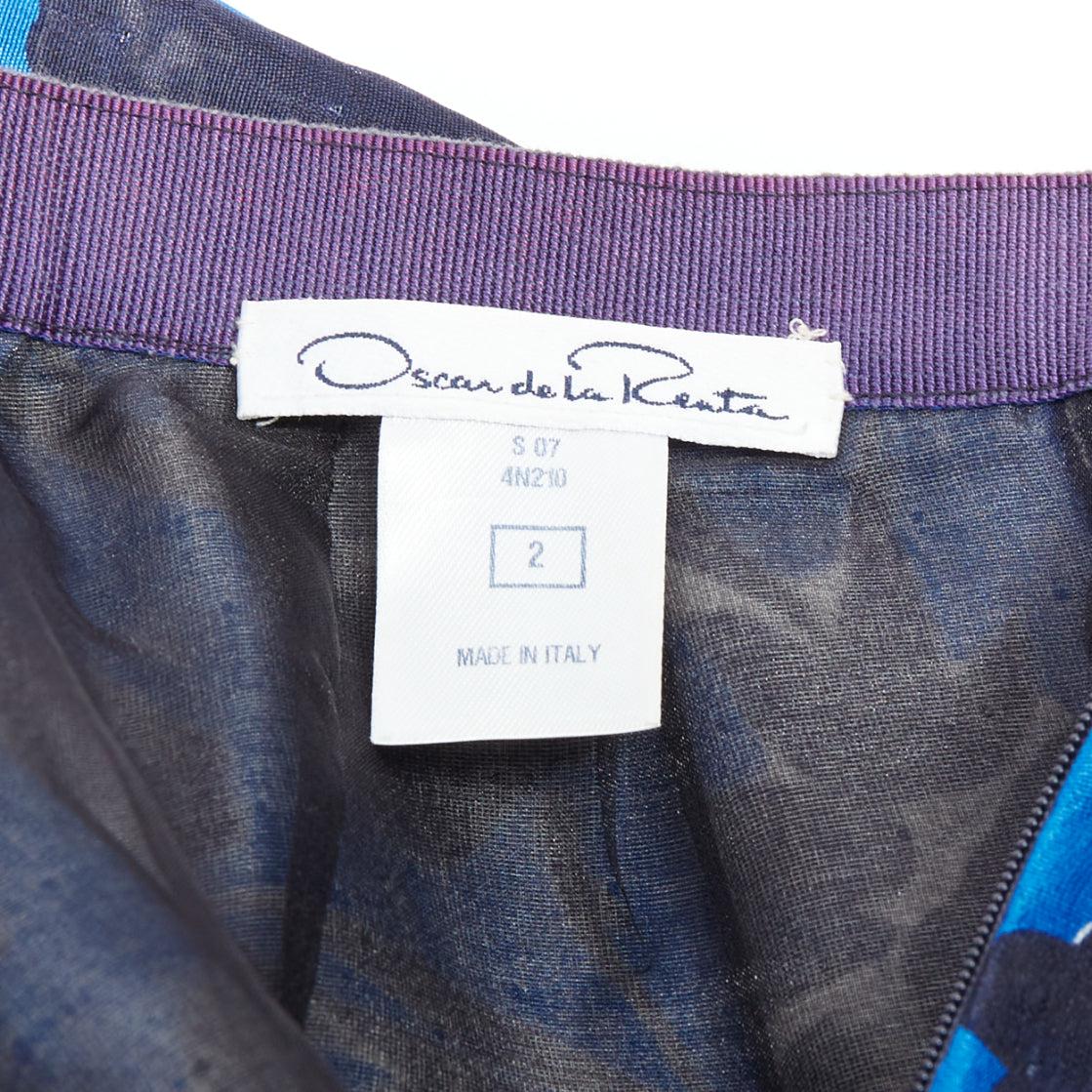OSCAR DE LA RENTA S07 blue black silk cotton floral print full midi skirt US2 S For Sale 4