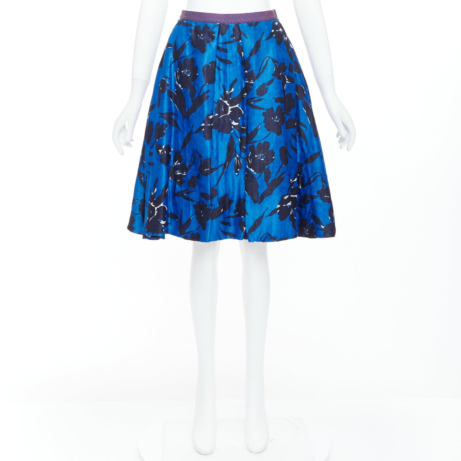 OSCAR DE LA RENTA S07 blue black silk cotton floral print full midi skirt US2 S For Sale 5