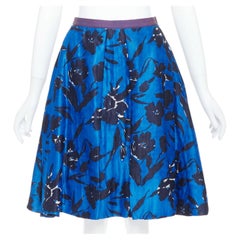 OSCAR DE LA RENTA S07 blue black silk cotton floral print full midi skirt US2 S